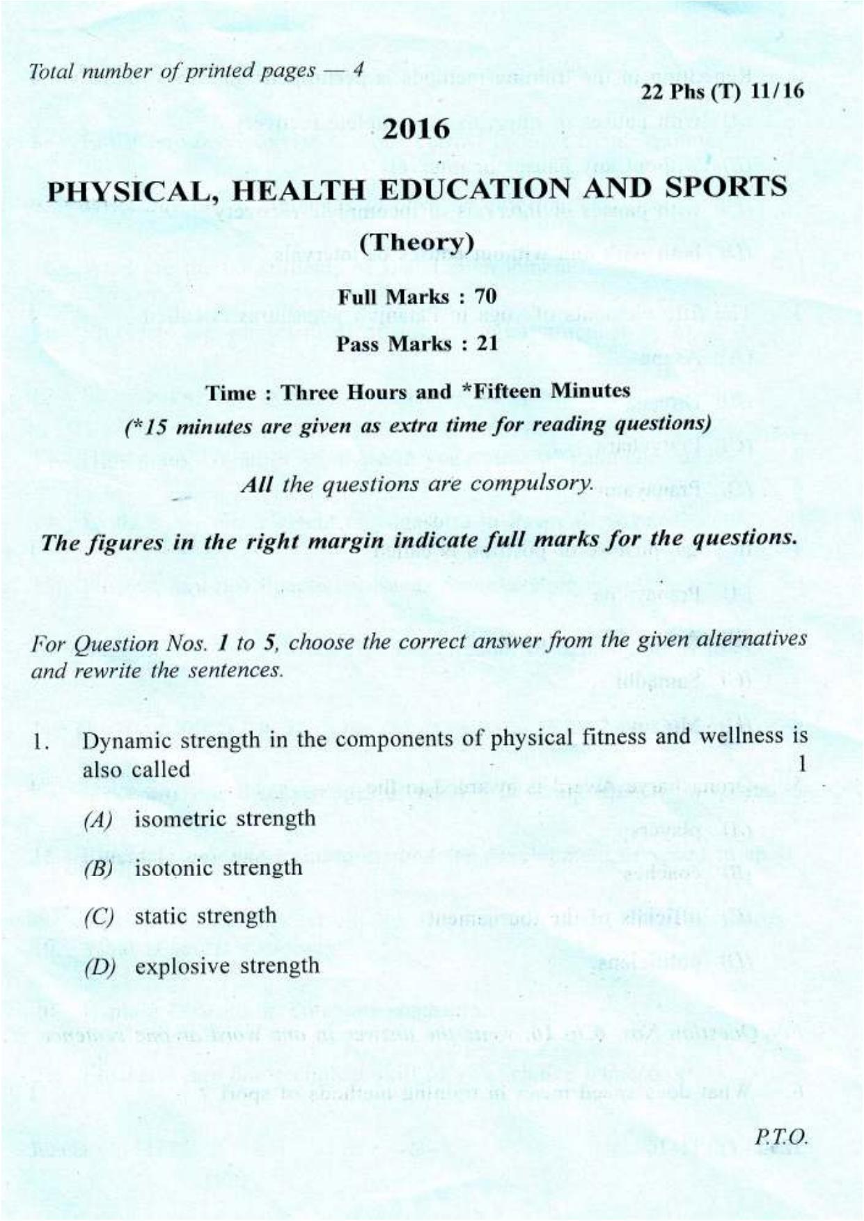 COHSEM Class 12 Physical, Health Education & Sports 2016 Question Papers - Page 1