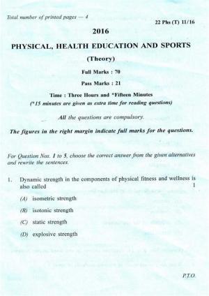 COHSEM Class 12 Physical, Health Education & Sports 2016 Question Papers