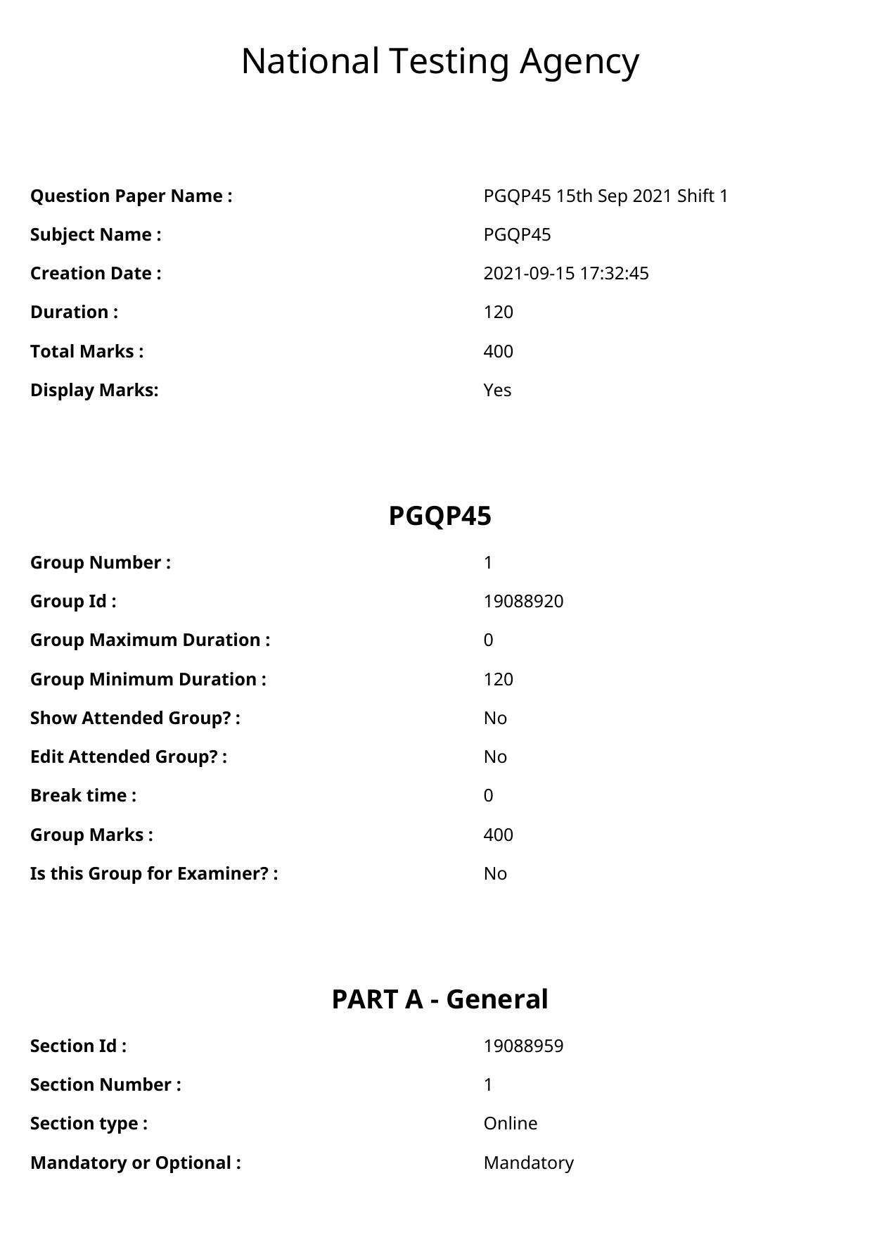 CUET PG 2021 PGQP45 Question Paper - Page 1