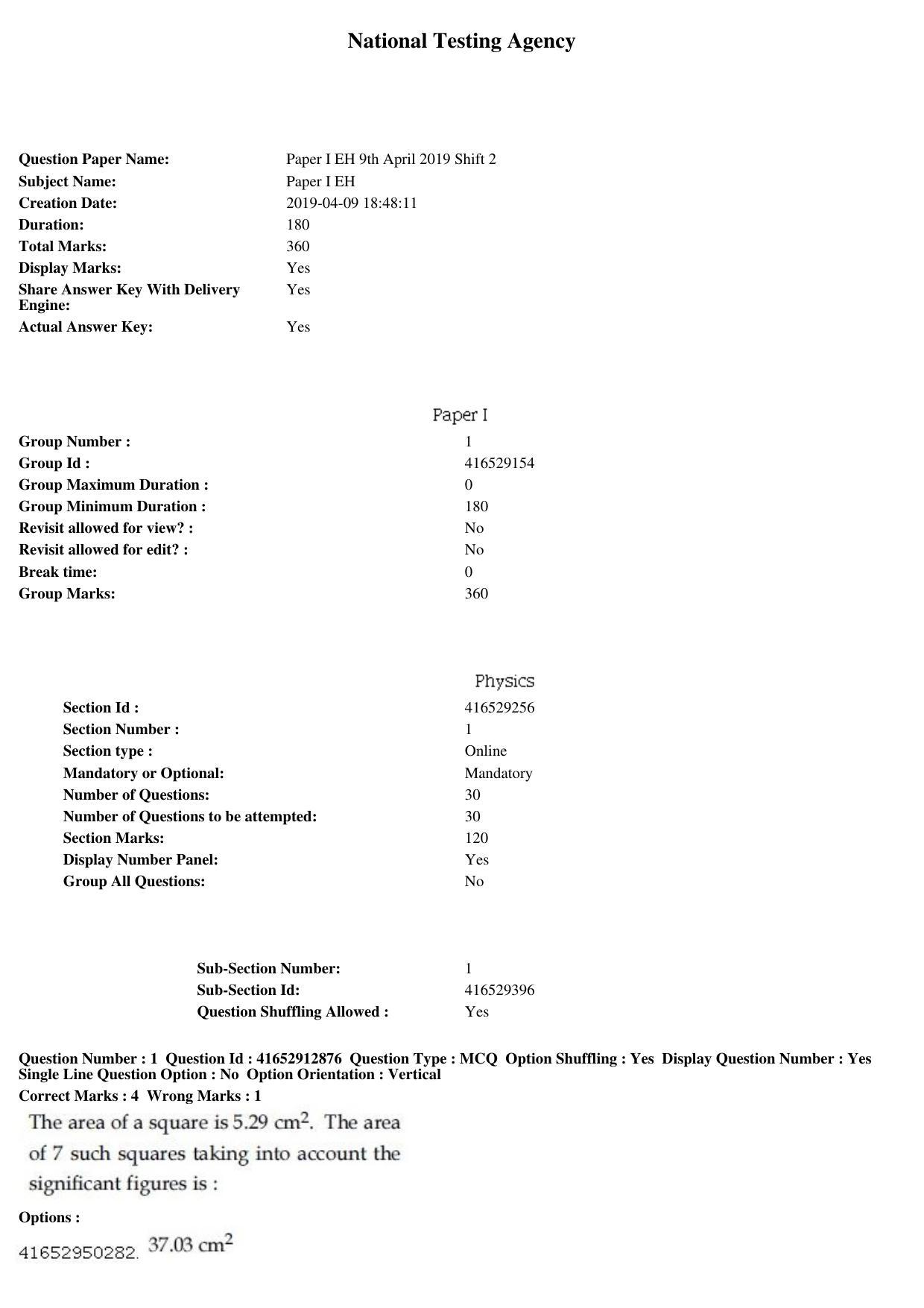JEE Main 2019 Paper I Question Paper (9th April 2019 Shift 2) - Page 1