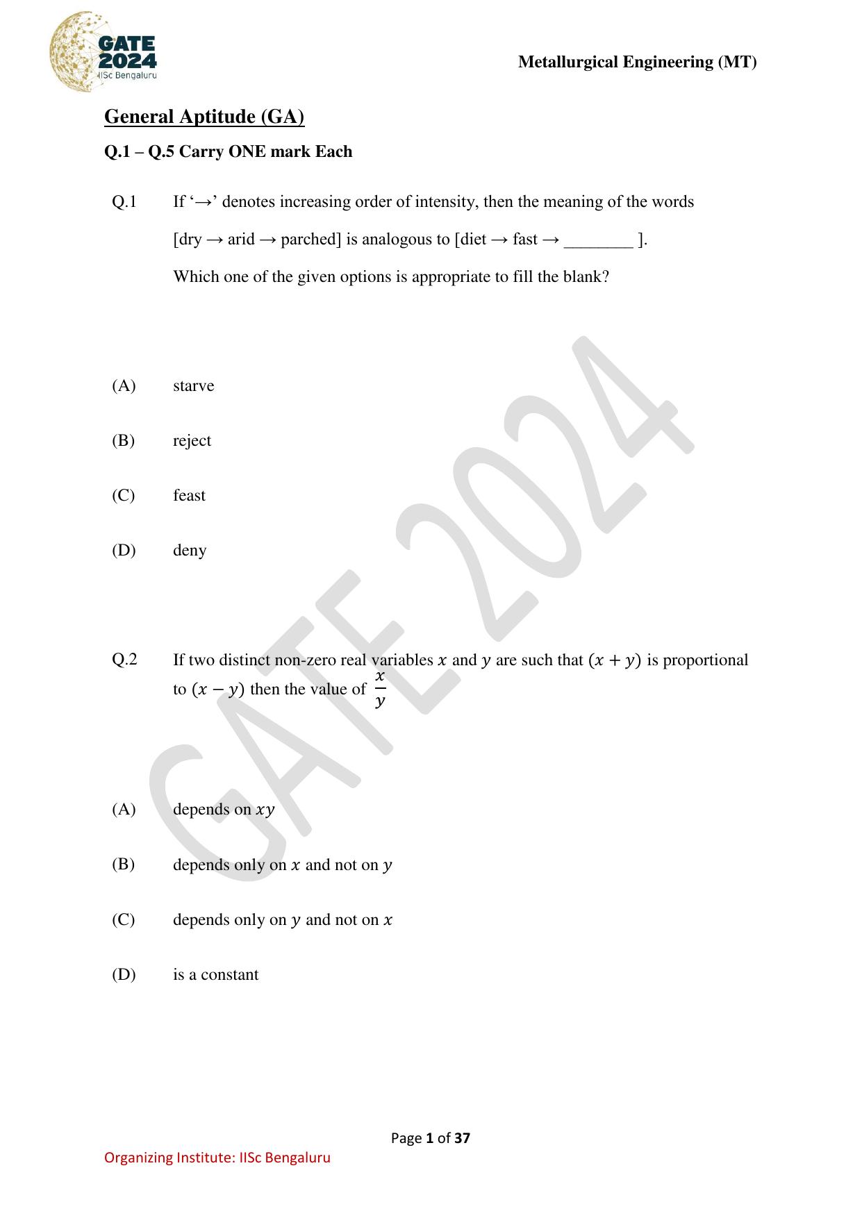 GATE 2024 Metallurgical Engineering (MT) Question Paper - Page 1