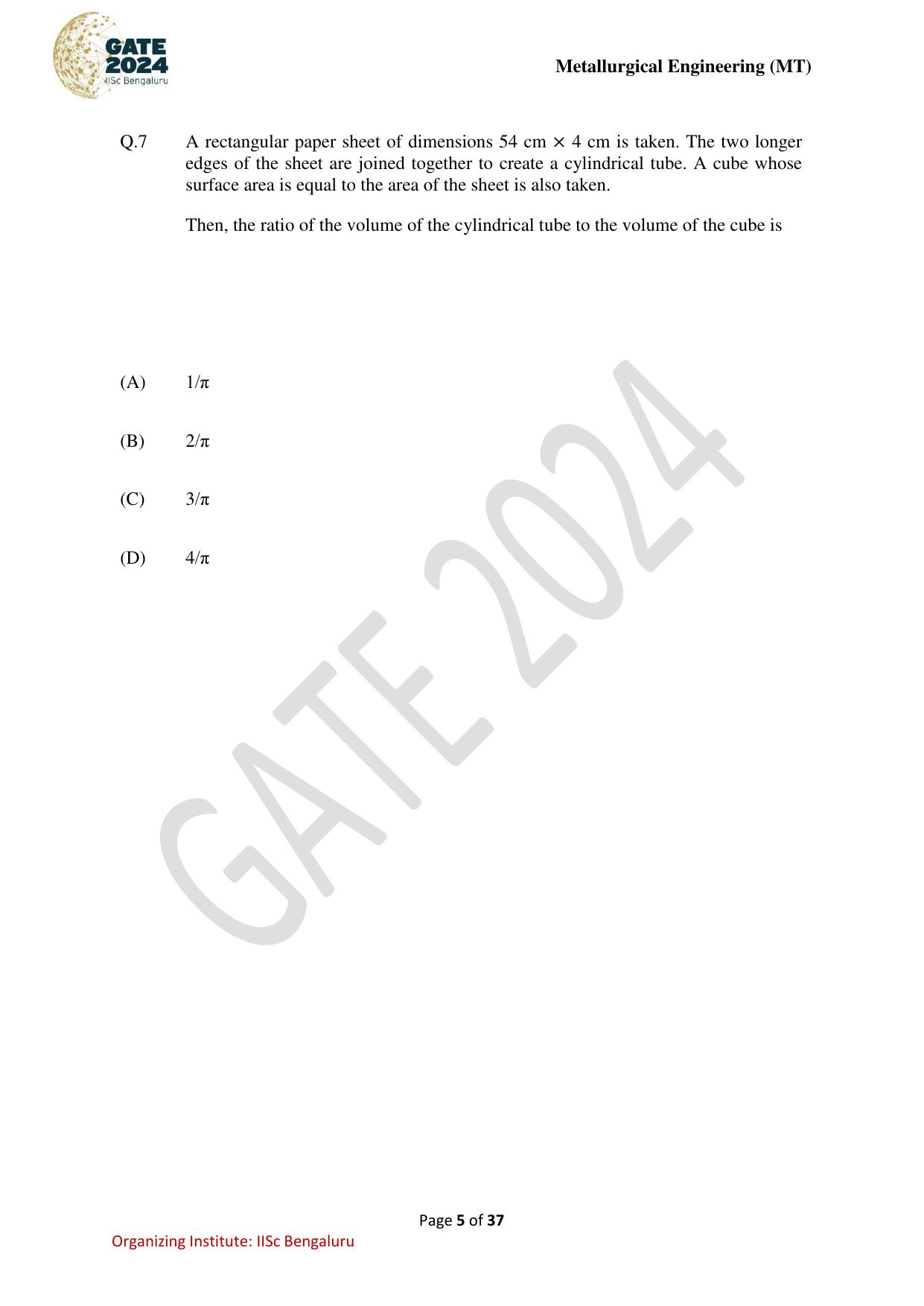 GATE 2024 Metallurgical Engineering (MT) Question Paper - Page 5