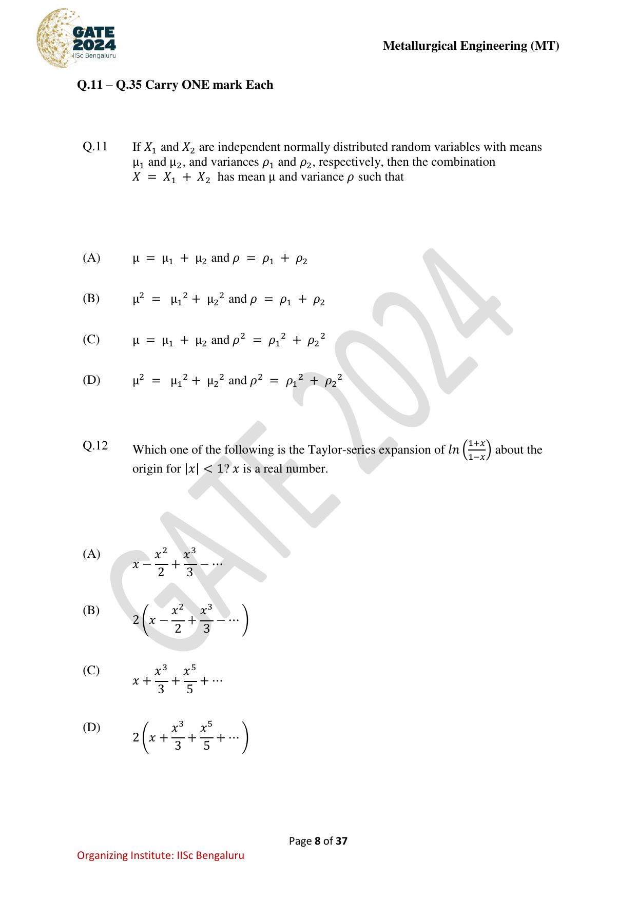 GATE 2024 Metallurgical Engineering (MT) Question Paper - Page 8
