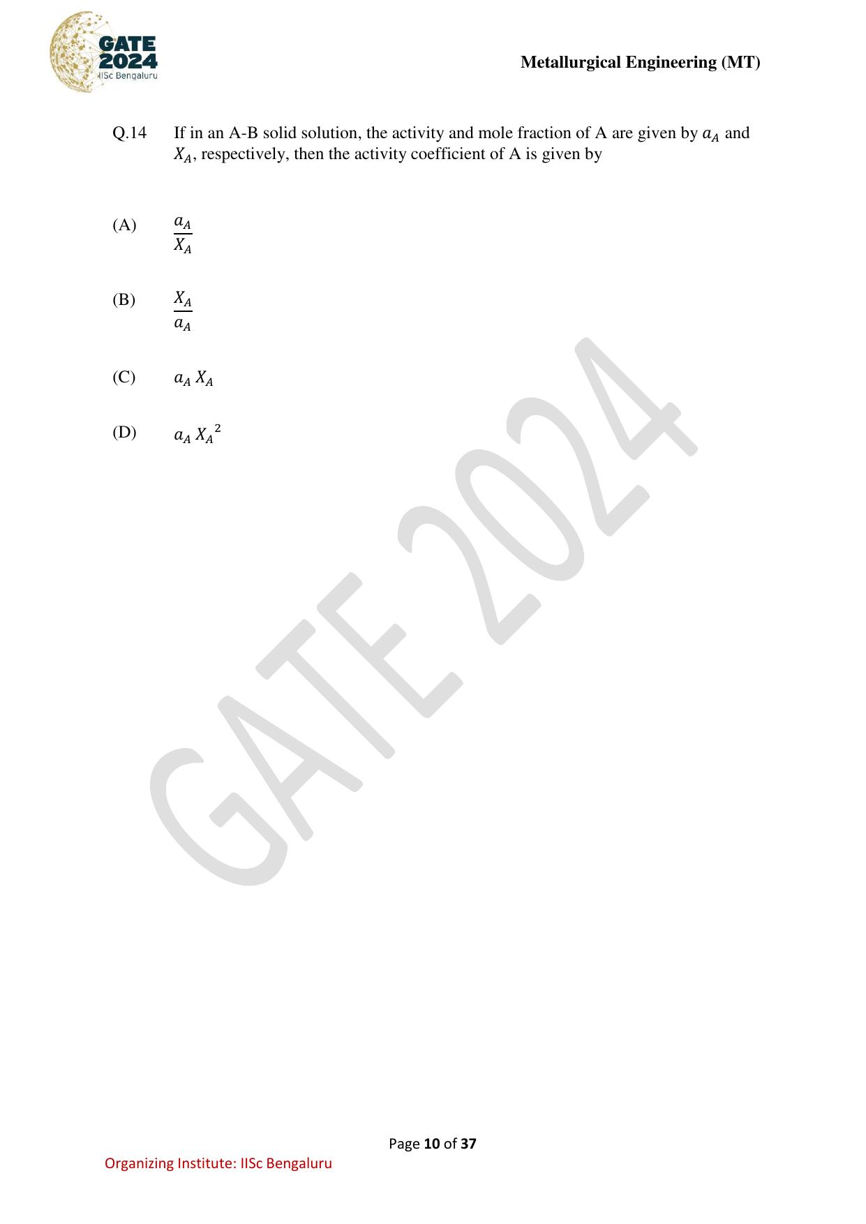 GATE 2024 Metallurgical Engineering (MT) Question Paper - Page 10