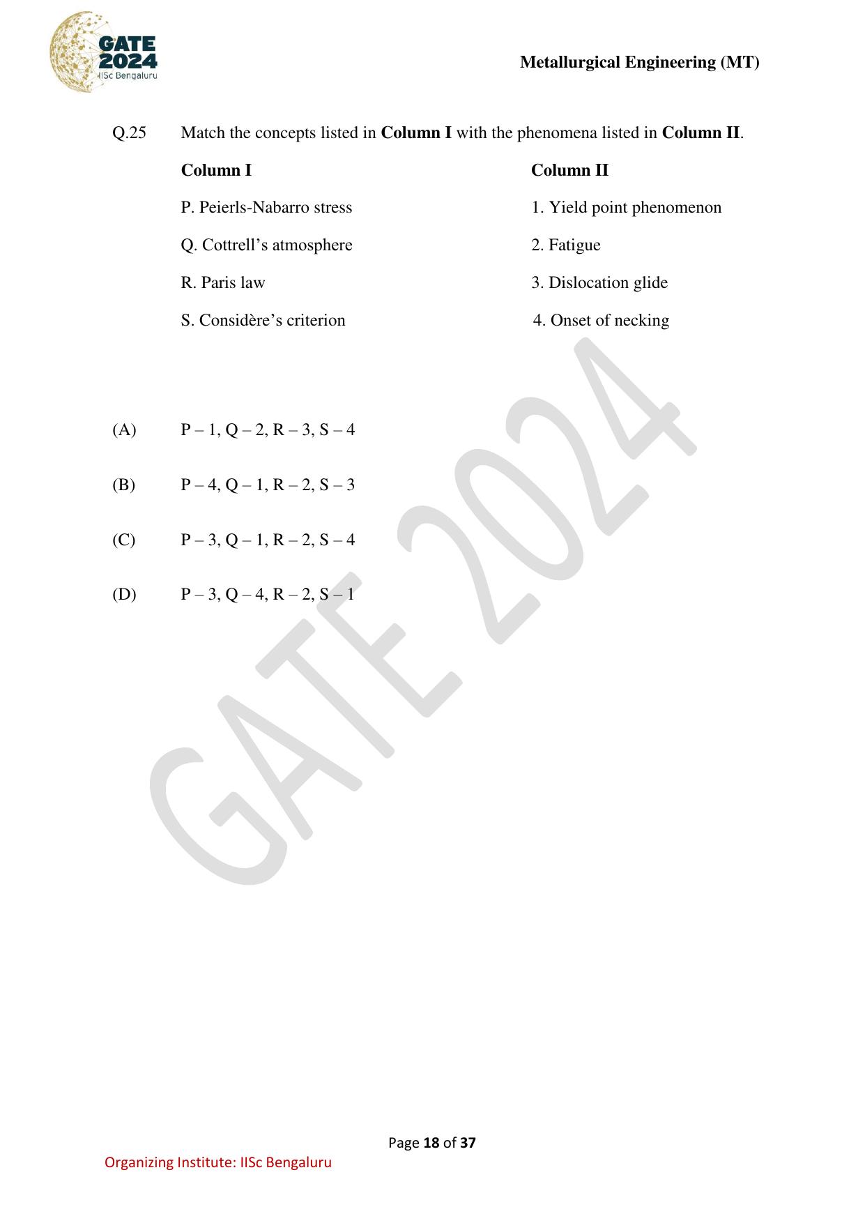 GATE 2024 Metallurgical Engineering (MT) Question Paper - Page 18