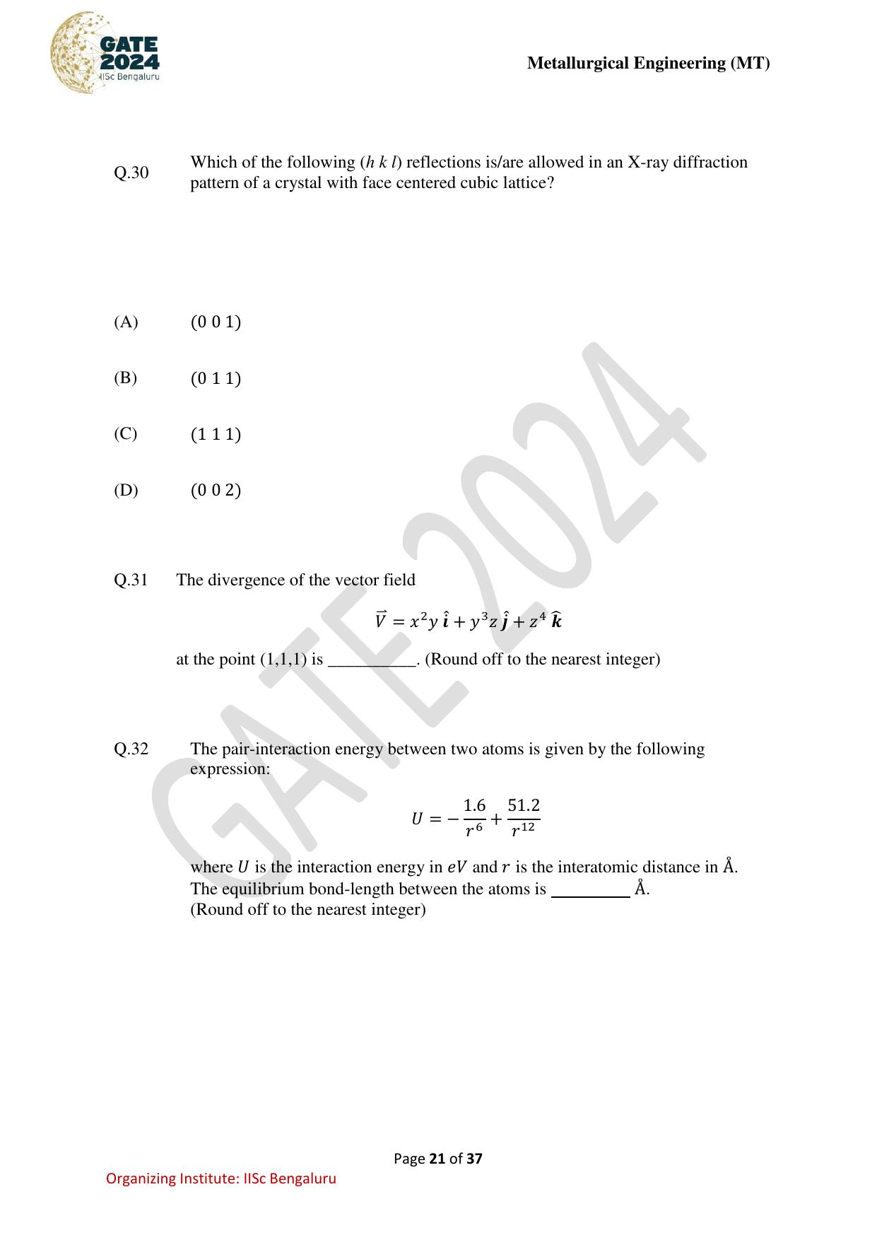 GATE 2024 Metallurgical Engineering (MT) Question Paper - Page 21