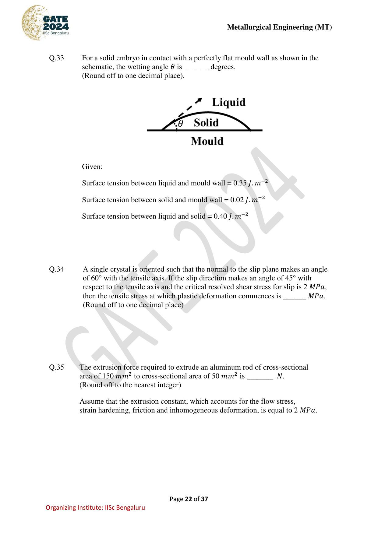 GATE 2024 Metallurgical Engineering (MT) Question Paper - Page 22