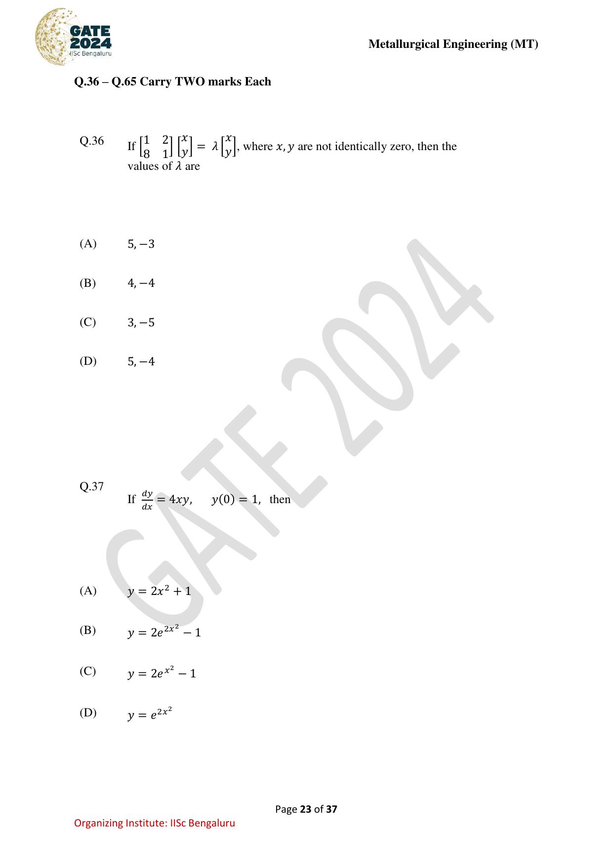GATE 2024 Metallurgical Engineering (MT) Question Paper - Page 23