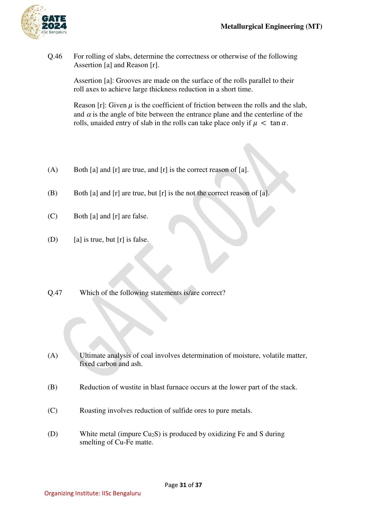 GATE 2024 Metallurgical Engineering (MT) Question Paper - Page 31