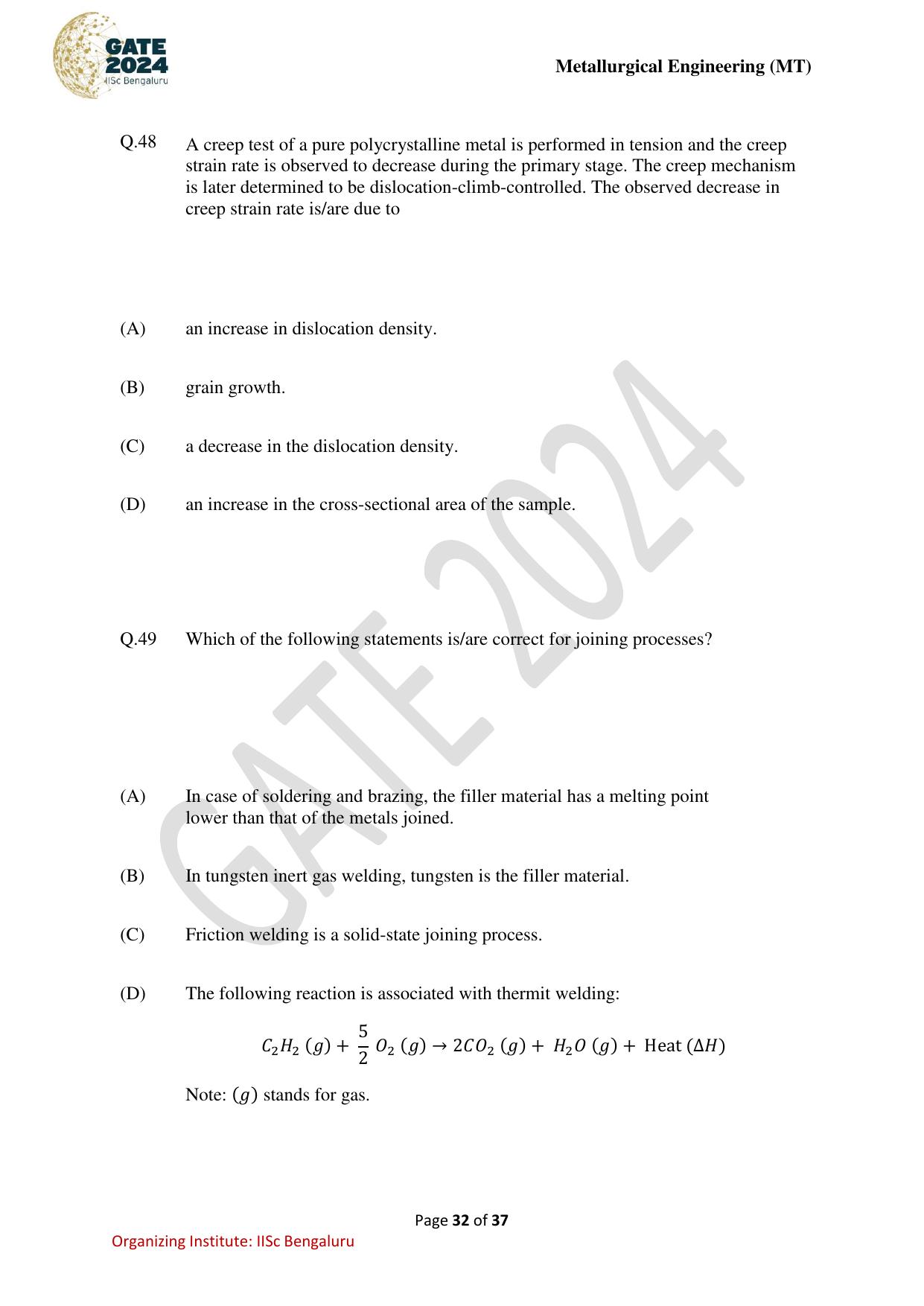 GATE 2024 Metallurgical Engineering (MT) Question Paper - Page 32