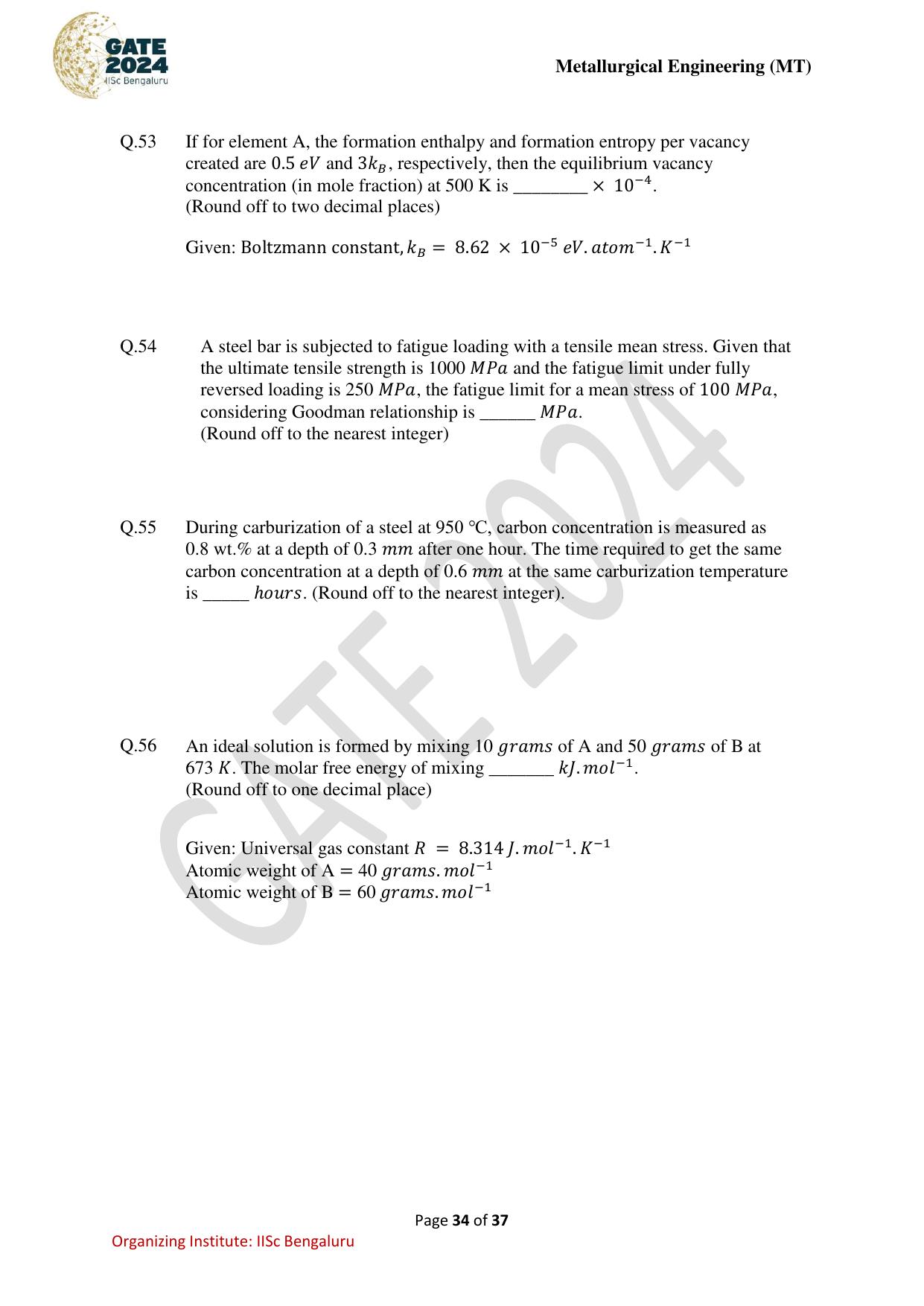 GATE 2024 Metallurgical Engineering (MT) Question Paper - Page 34
