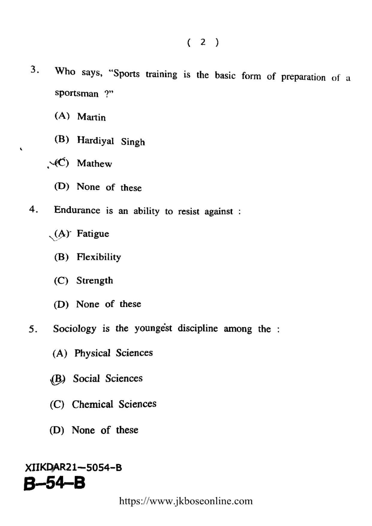 JKBOSE Class 12 Physical-Education 5054-B Question Papers 2021 - Page 2