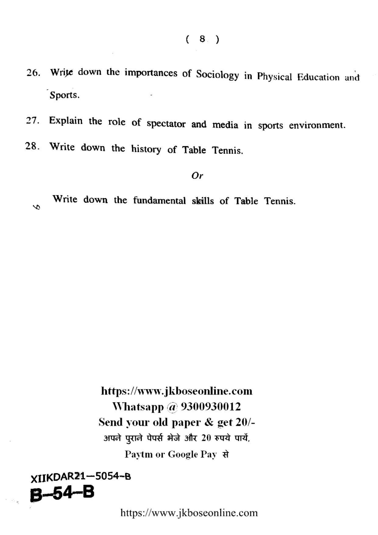 JKBOSE Class 12 Physical-Education 5054-B Question Papers 2021 - Page 8