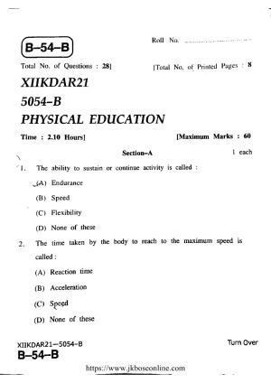 JKBOSE Class 12 Physical-Education 5054-B Question Papers 2021