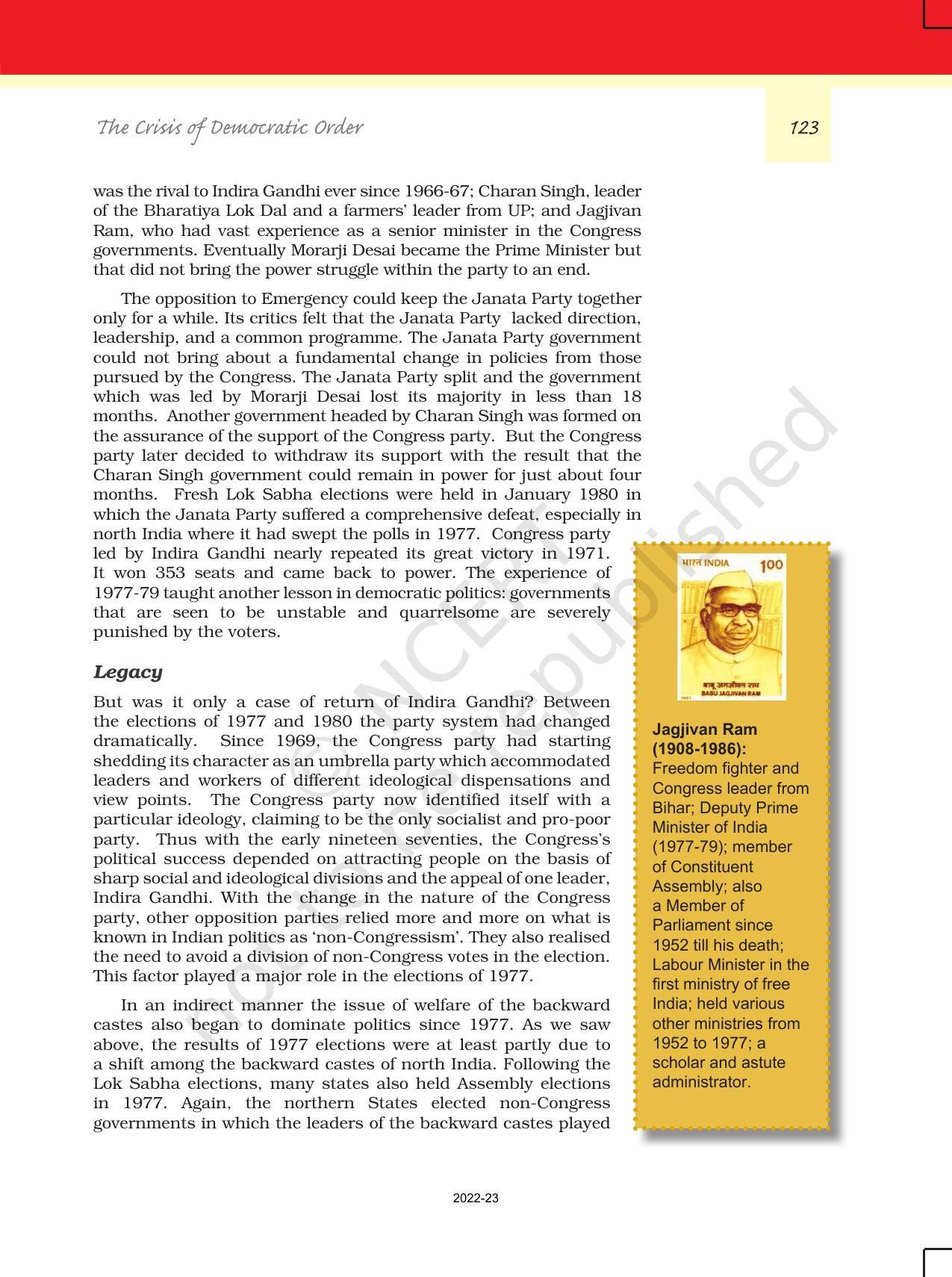 NCERT Book for Class 12 Political Science (Politics In India Since Independence) Chapter 6 The Crisis of Democratic Order - Page 22
