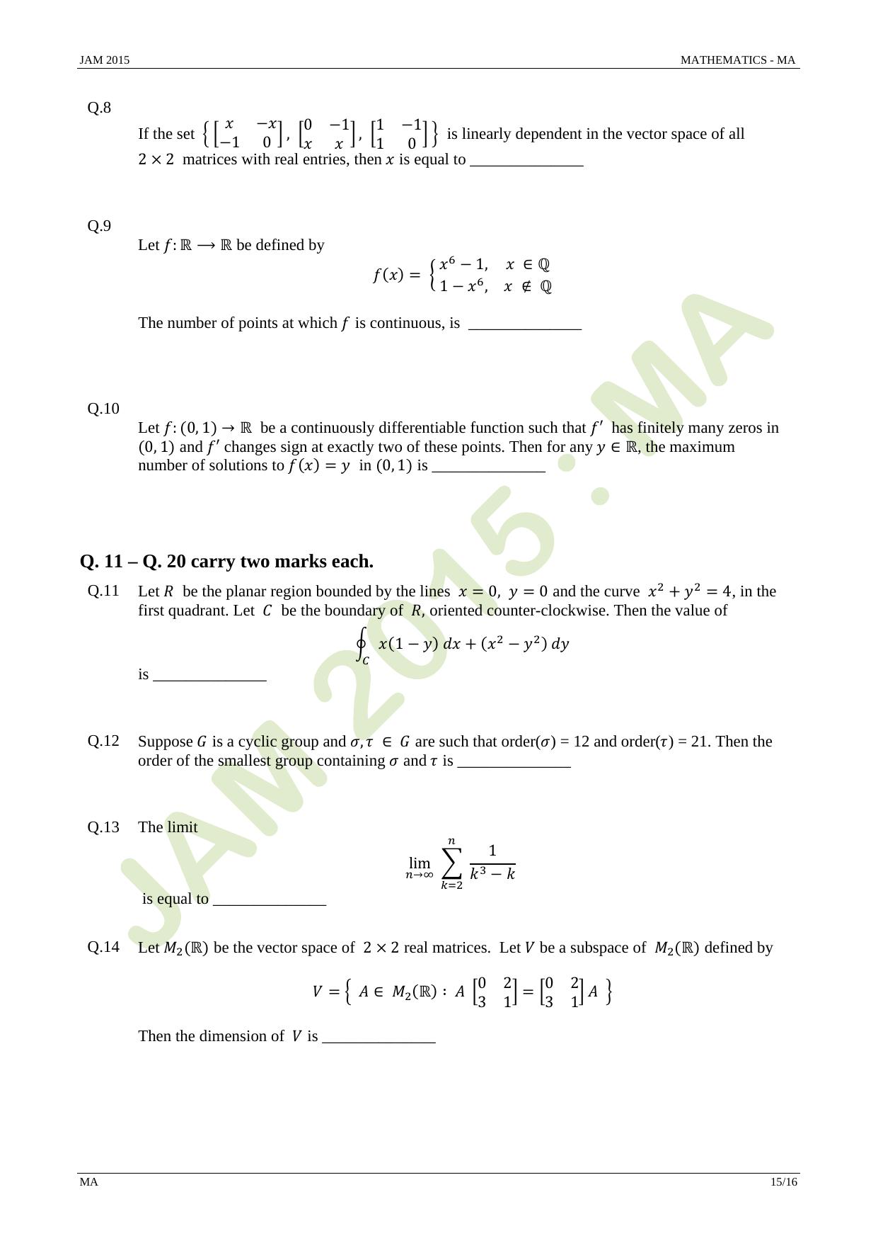 JAM 2015: MA Question Paper - Page 15