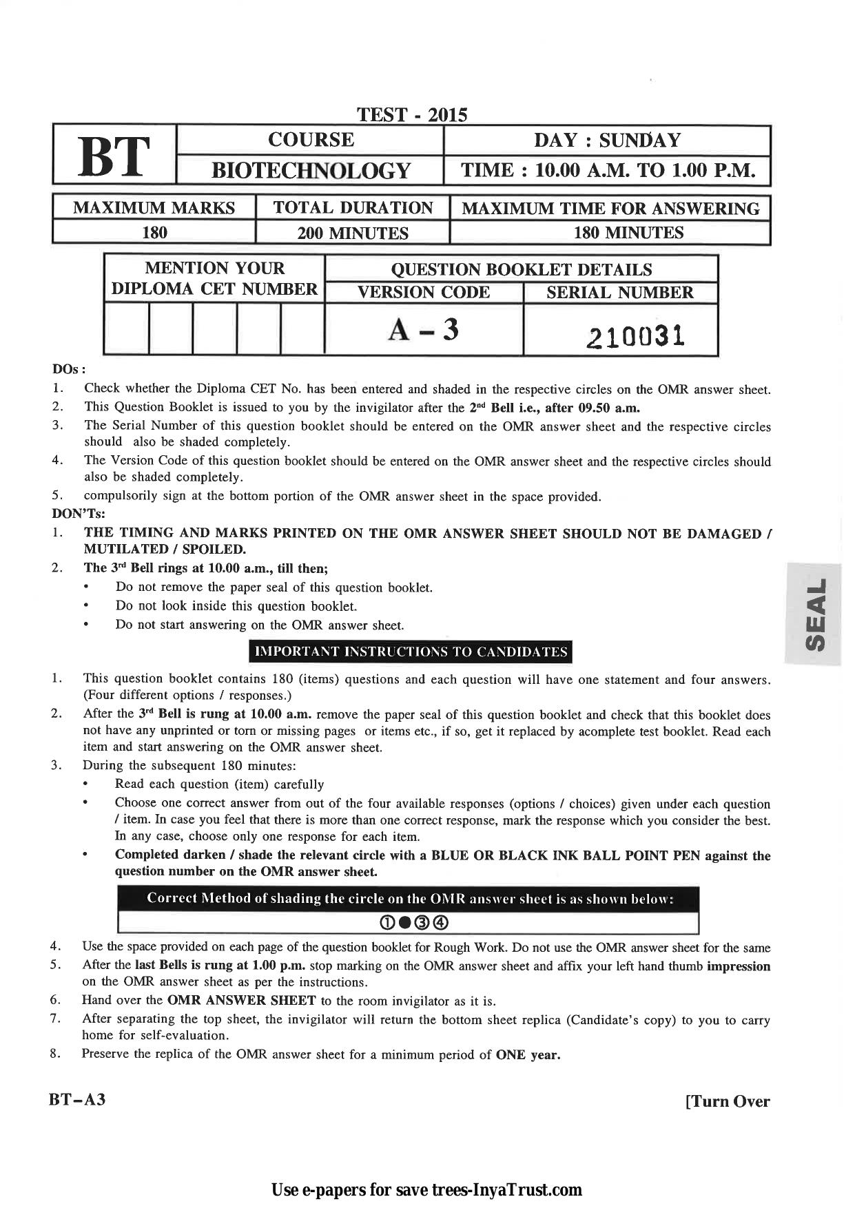 Karnataka Diploma CET- 2015 Biotechnology Question Paper - Page 1