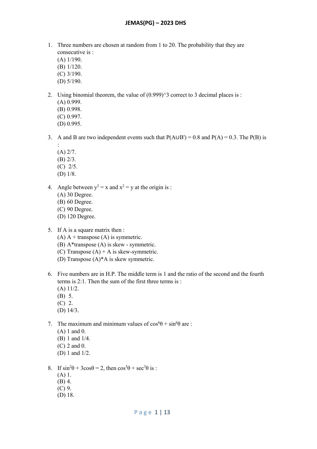 WB JEMAS (PG) DHS 2023 Question Paper - Page 2