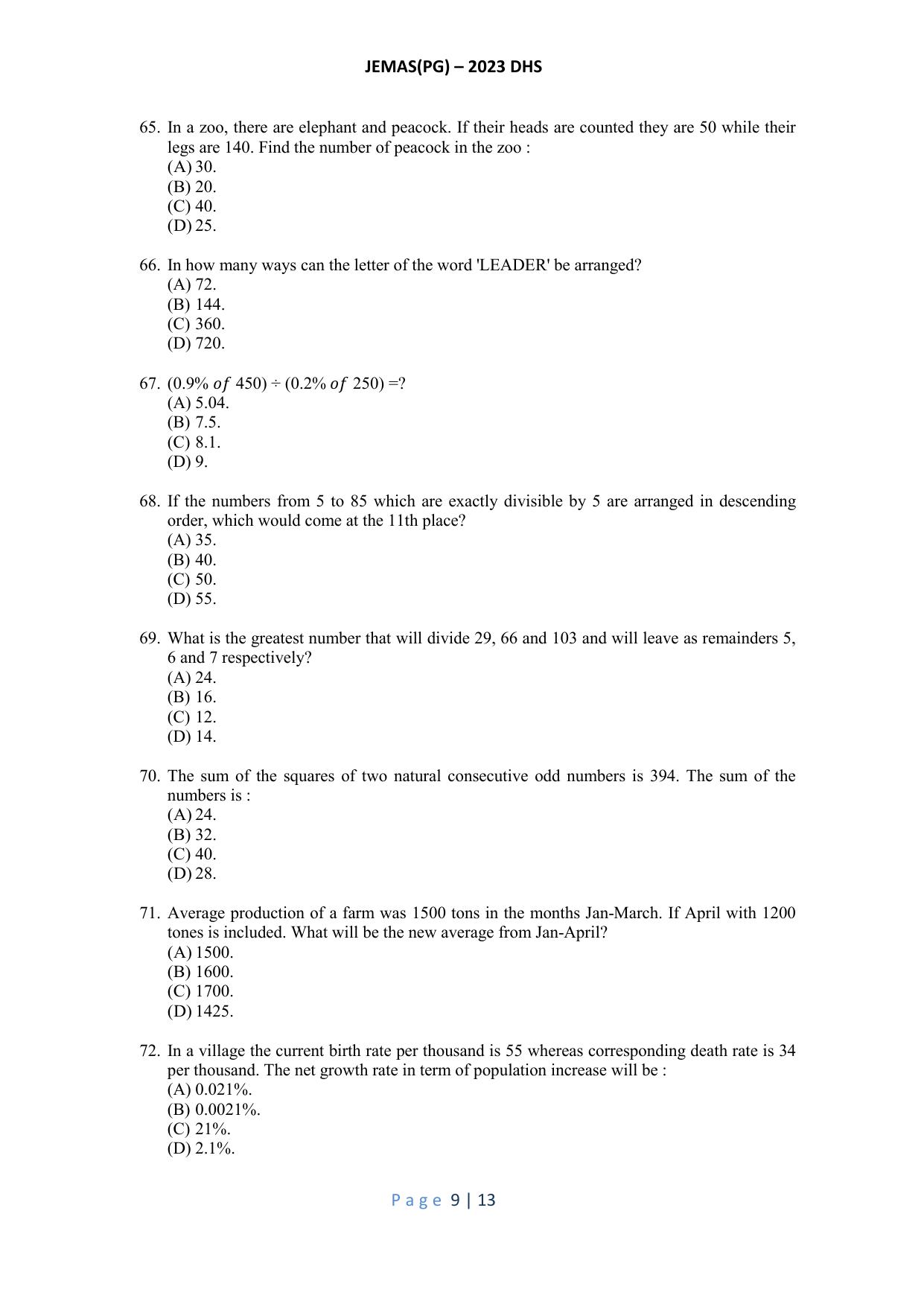 WB JEMAS (PG) DHS 2023 Question Paper - Page 10
