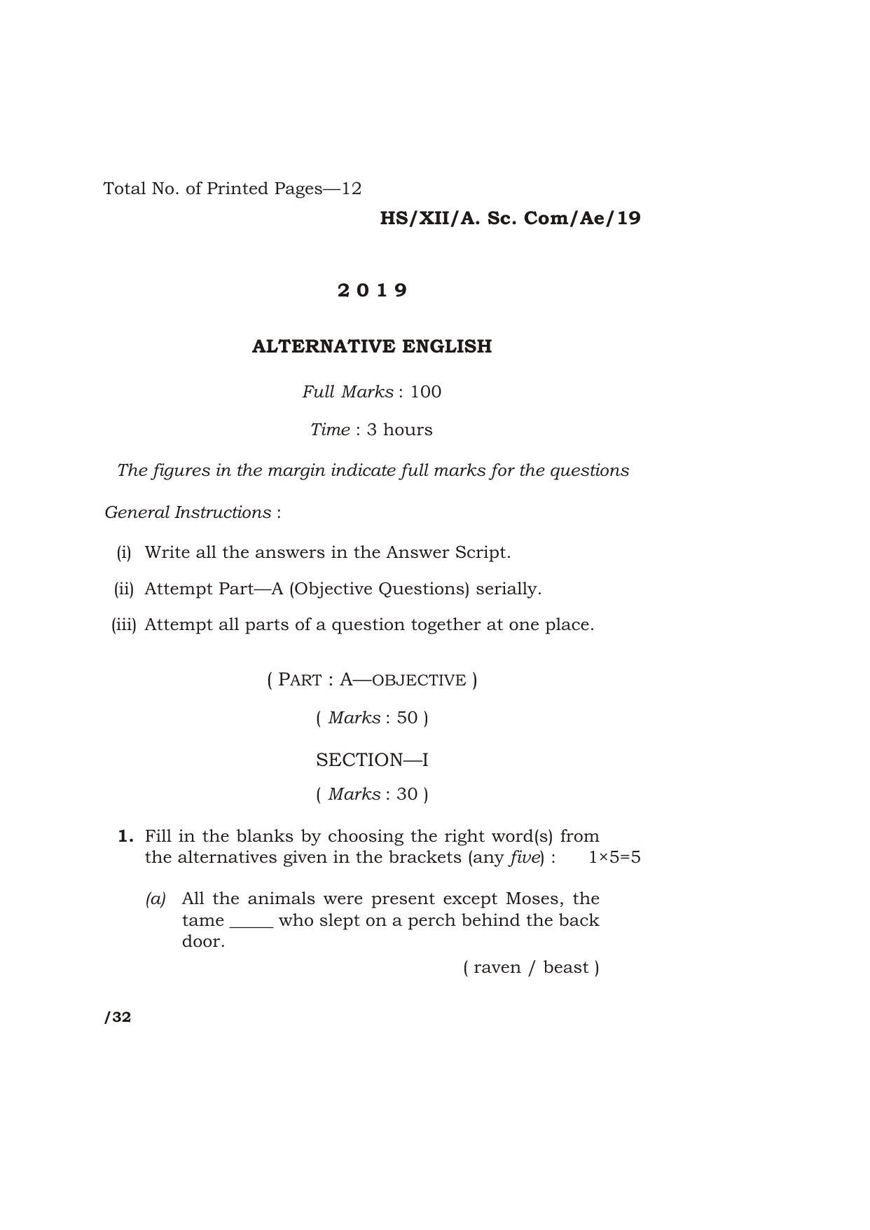 Meghalaya Board (MBOSE) Class 12 ALTERNATIVE ENGLISH 2019 Question Paper - Page 1
