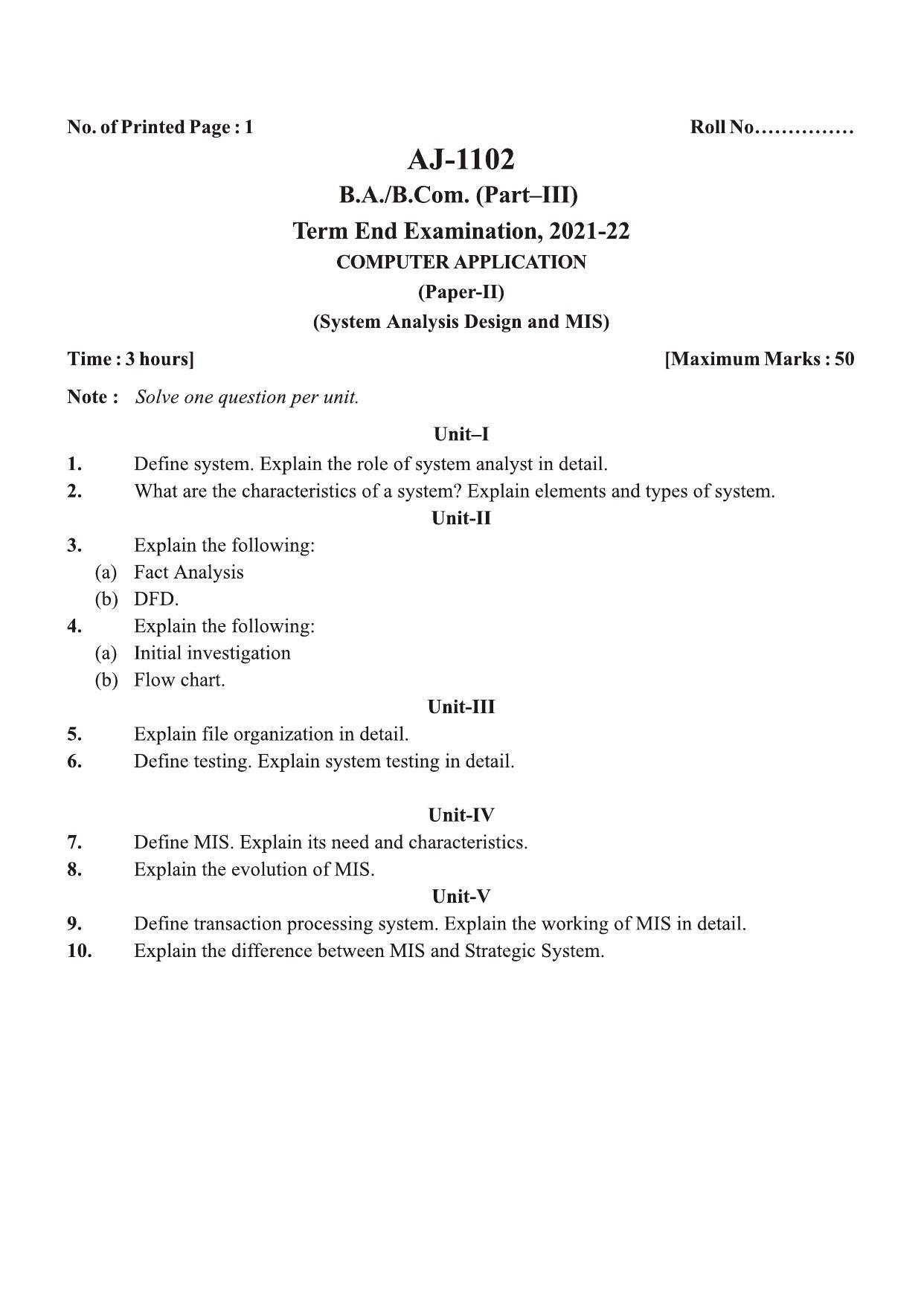 Bilaspur University Question Paper 2021-2022:B.A. Part-III (Three) Computer Application  I. Programming In Visual Basic  II. System Analysis Design And MIS Paper 2 - Page 1