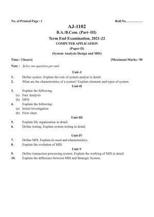 Bilaspur University Question Paper 2021-2022:B.A. Part-III (Three) Computer Application  I. Programming In Visual Basic  II. System Analysis Design And MIS Paper 2