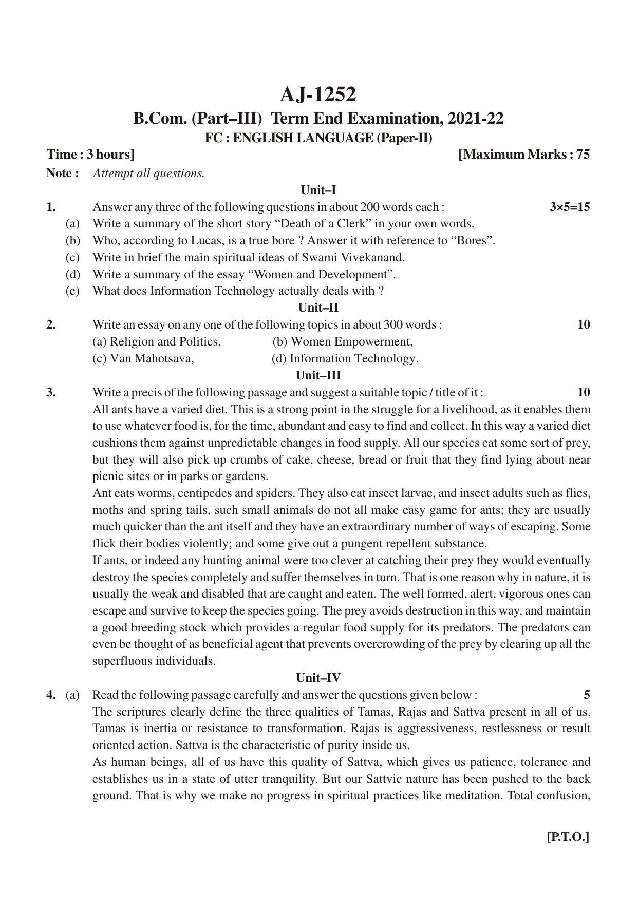 Bilaspur University Question Paper 2021-2022: B.COM Part -III (Three) (10+2+3) FC : English Language Paper 1 - Page 1