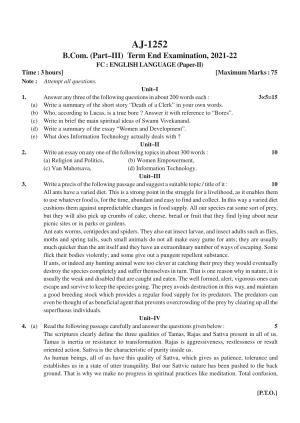 Bilaspur University Question Paper 2021-2022: B.COM Part -III (Three) (10+2+3) FC : English Language Paper 1