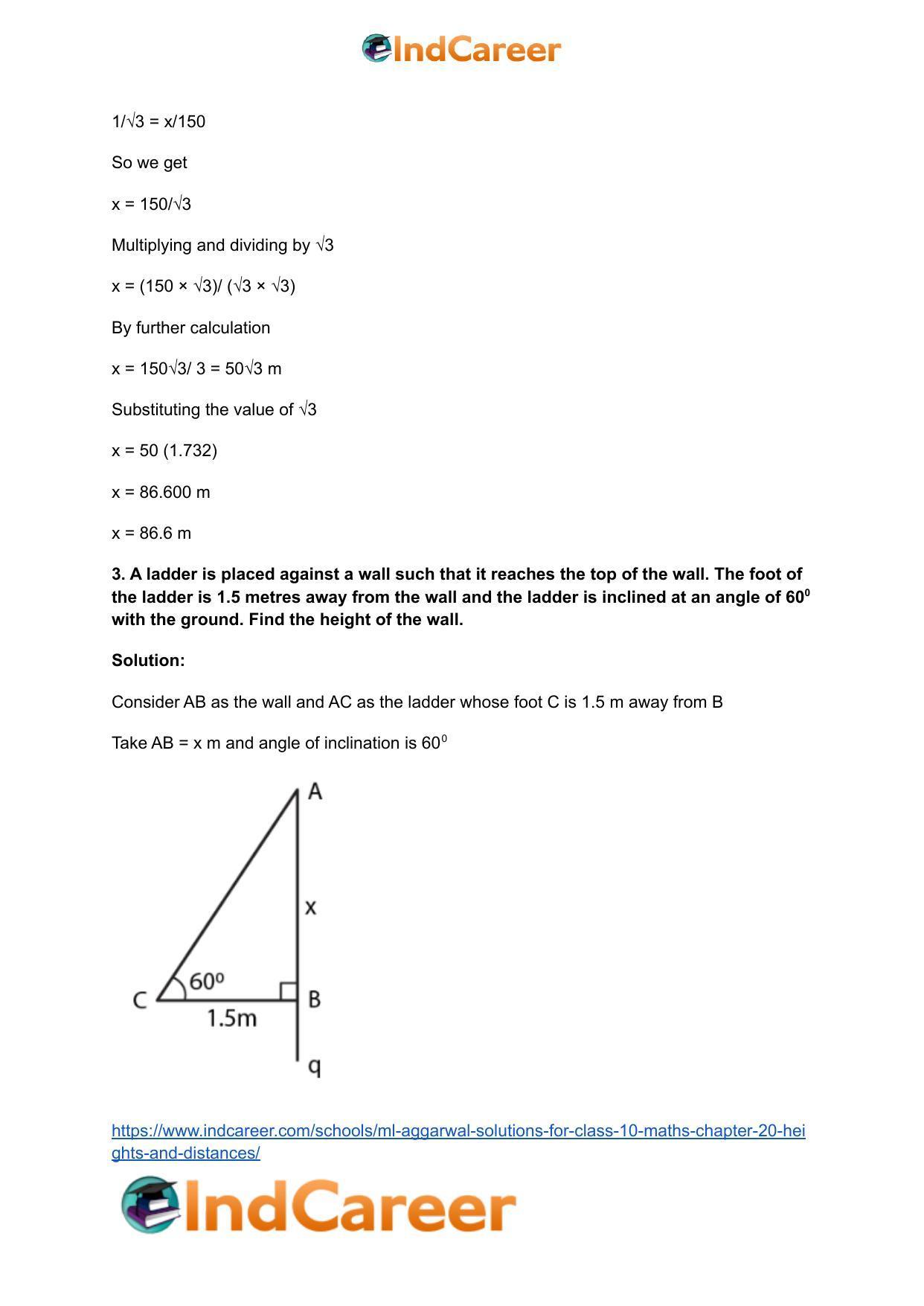 ML Aggarwal Solutions for Class 10 Maths Chapter 20- Heights and Distances - Page 4