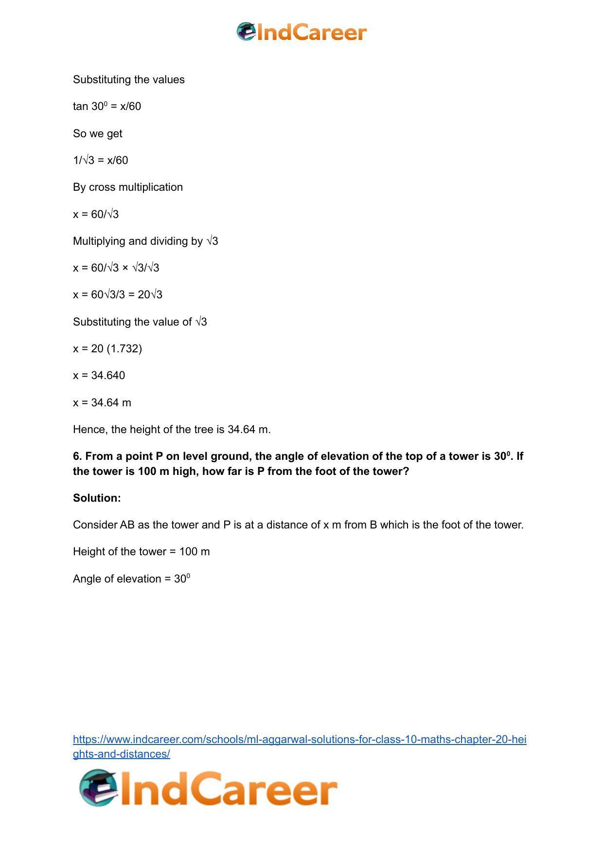 ML Aggarwal Solutions for Class 10 Maths Chapter 20- Heights and Distances - Page 7