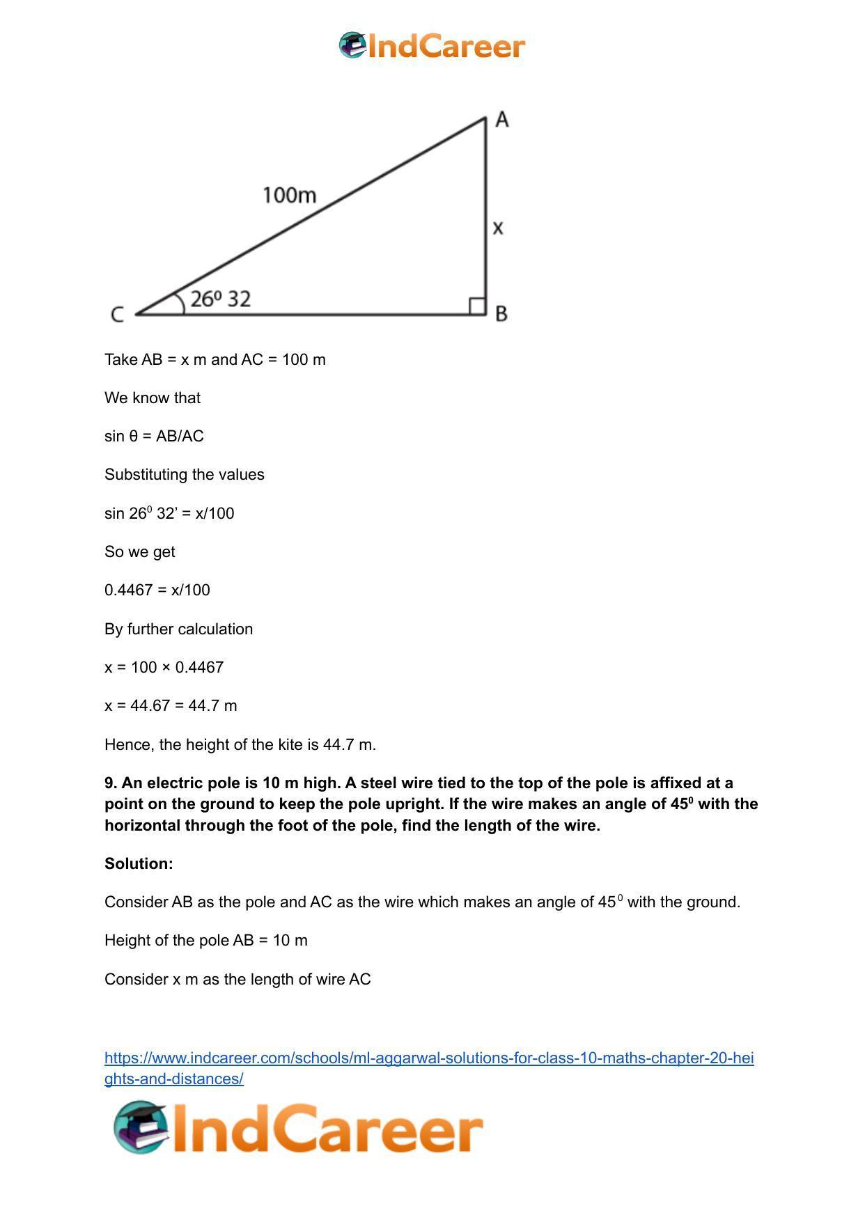 ML Aggarwal Solutions for Class 10 Maths Chapter 20- Heights and Distances - Page 10