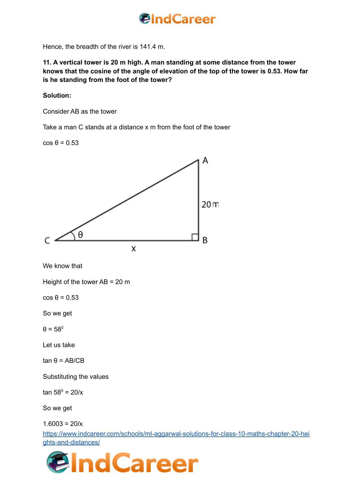ML Aggarwal Solutions for Class 10 Maths Chapter 20- Heights and Distances - Page 13