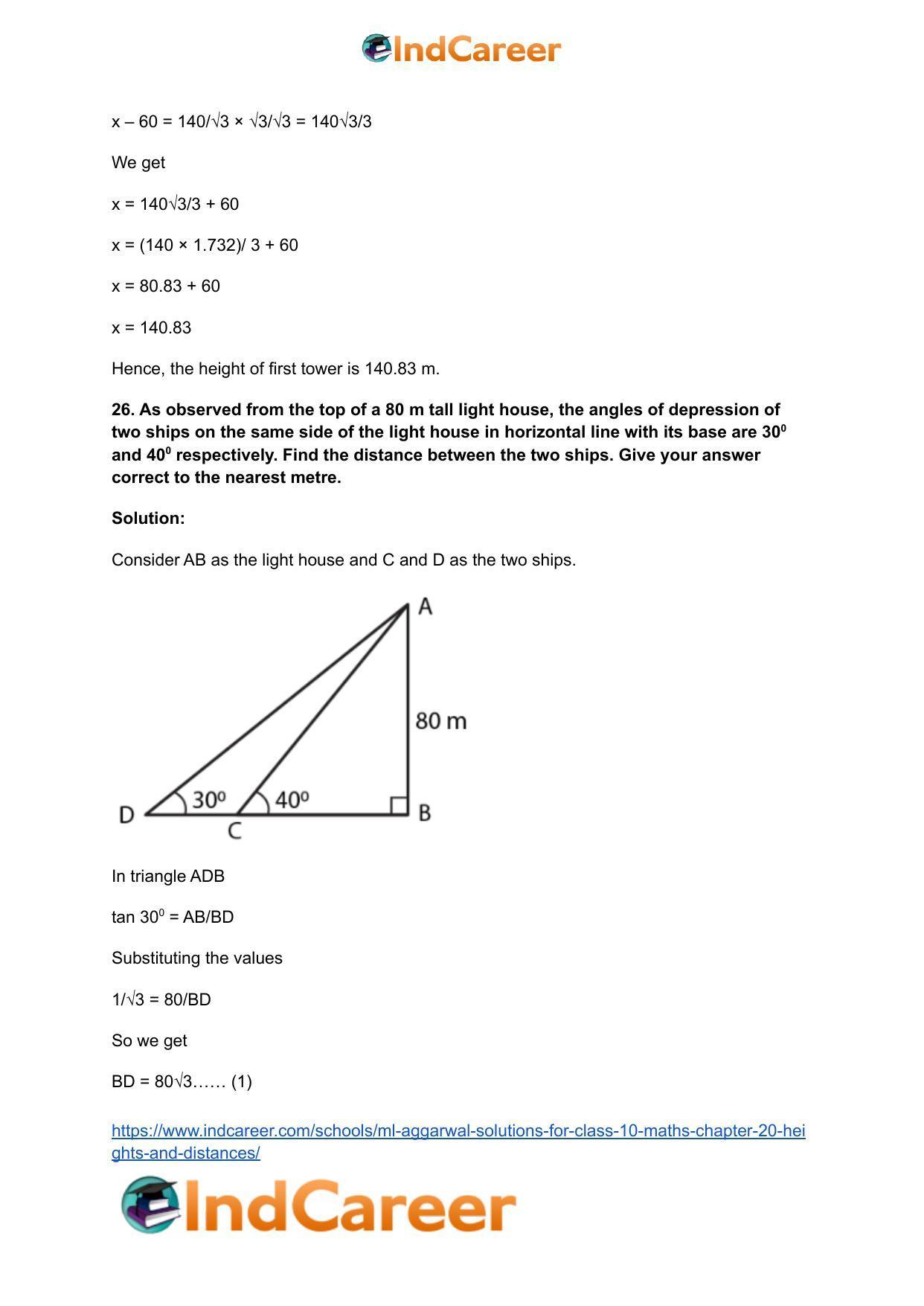 ML Aggarwal Solutions for Class 10 Maths Chapter 20- Heights and Distances - Page 34