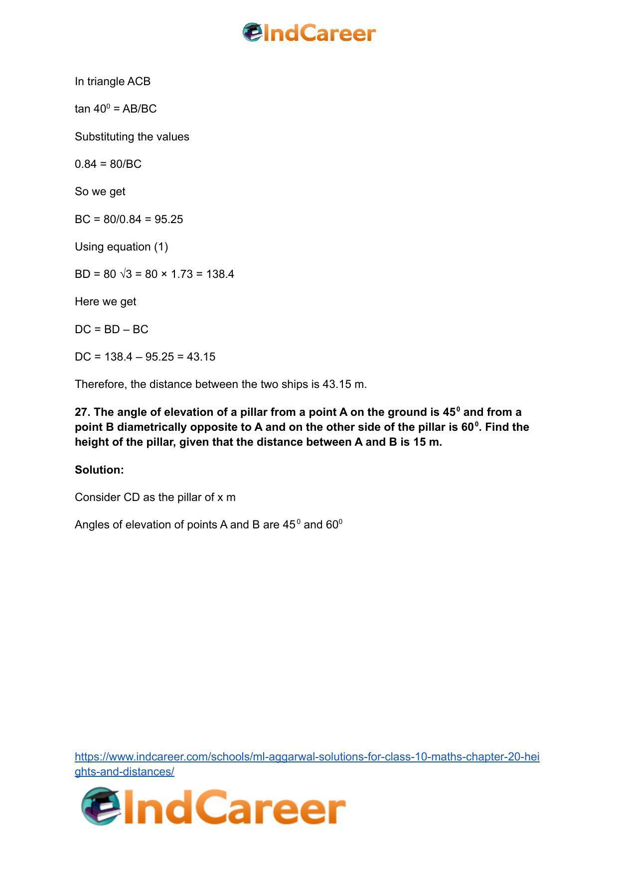 ML Aggarwal Solutions for Class 10 Maths Chapter 20- Heights and Distances - Page 35