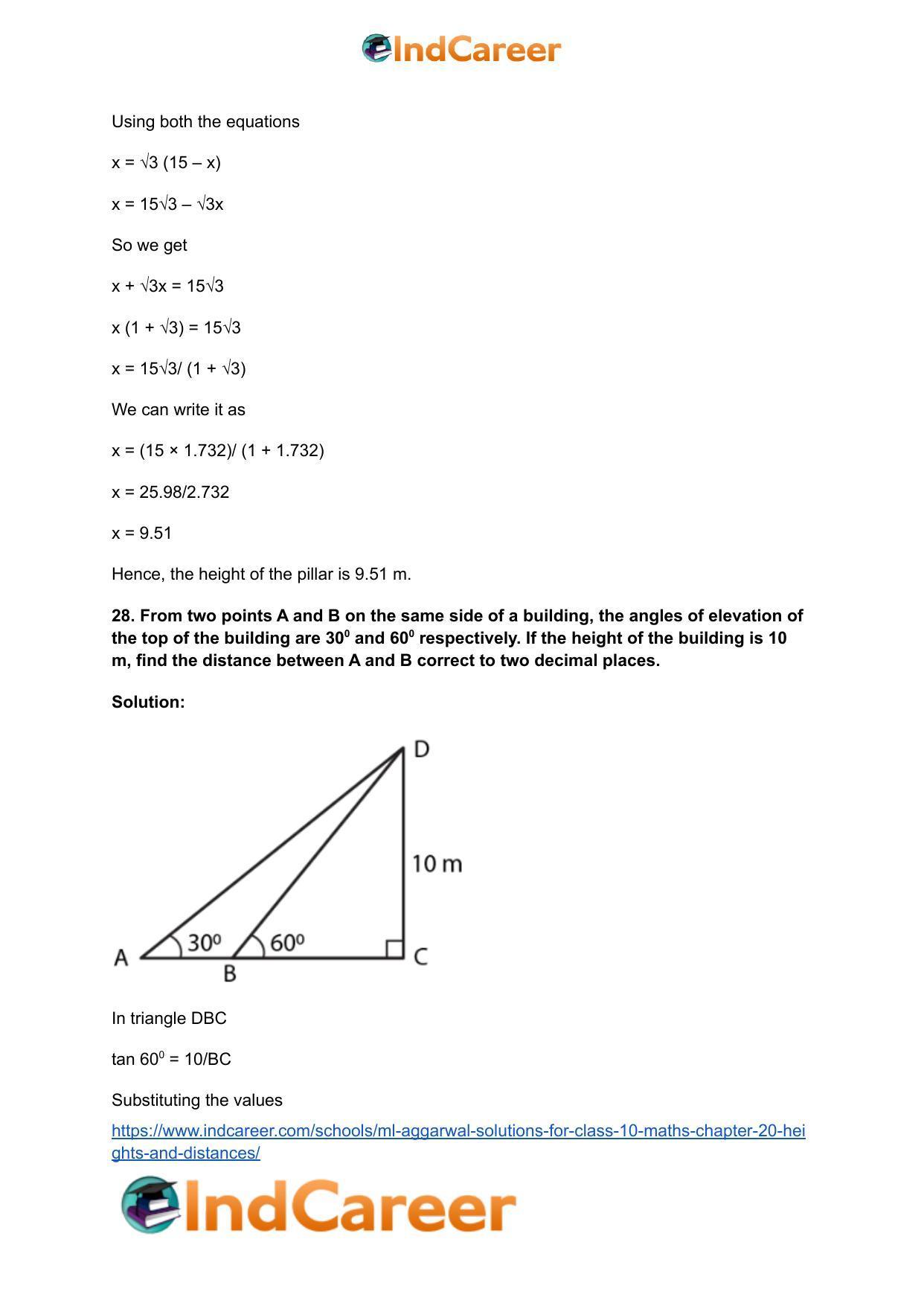 ML Aggarwal Solutions for Class 10 Maths Chapter 20- Heights and Distances - Page 37