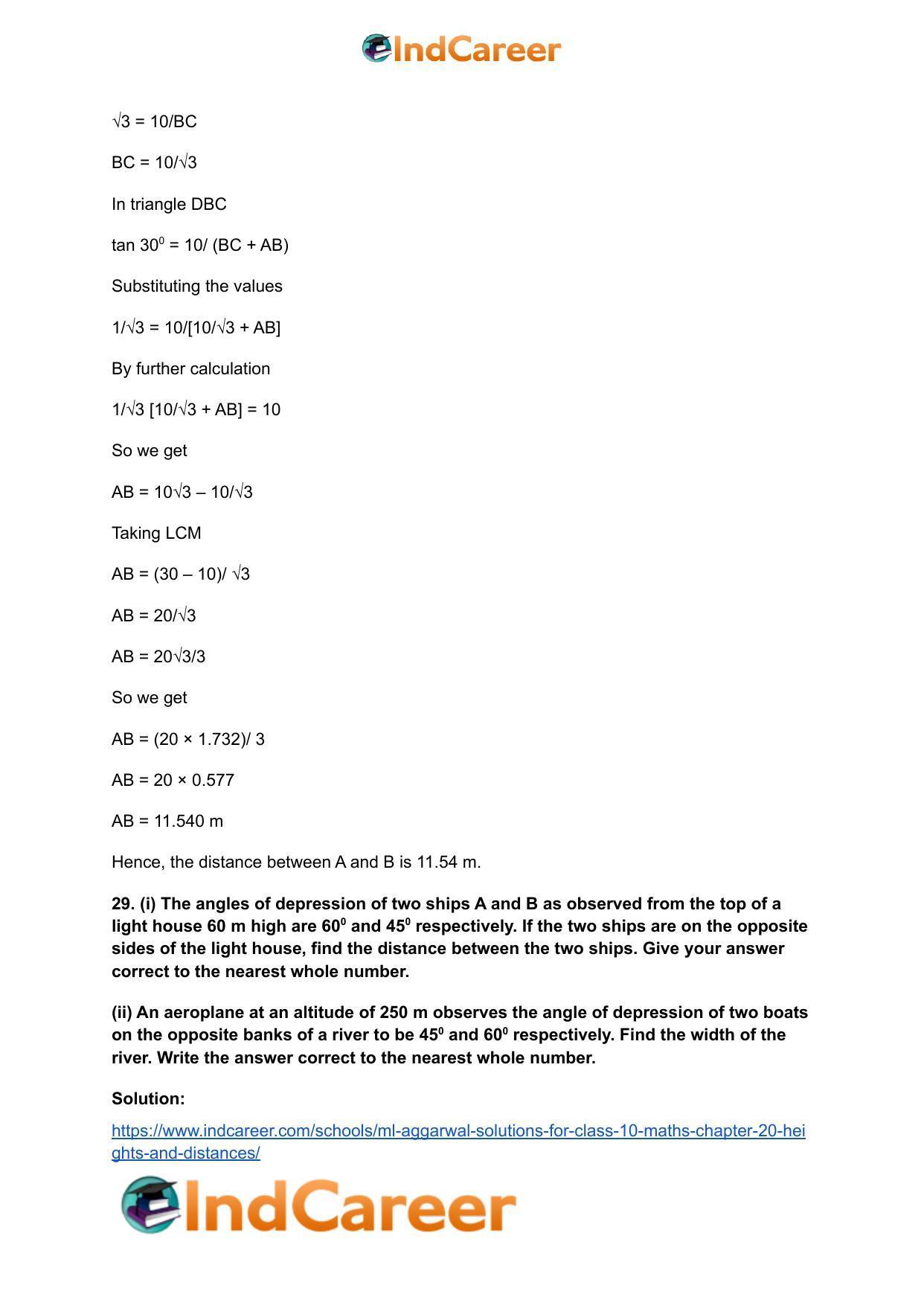 ML Aggarwal Solutions for Class 10 Maths Chapter 20- Heights and Distances - Page 38