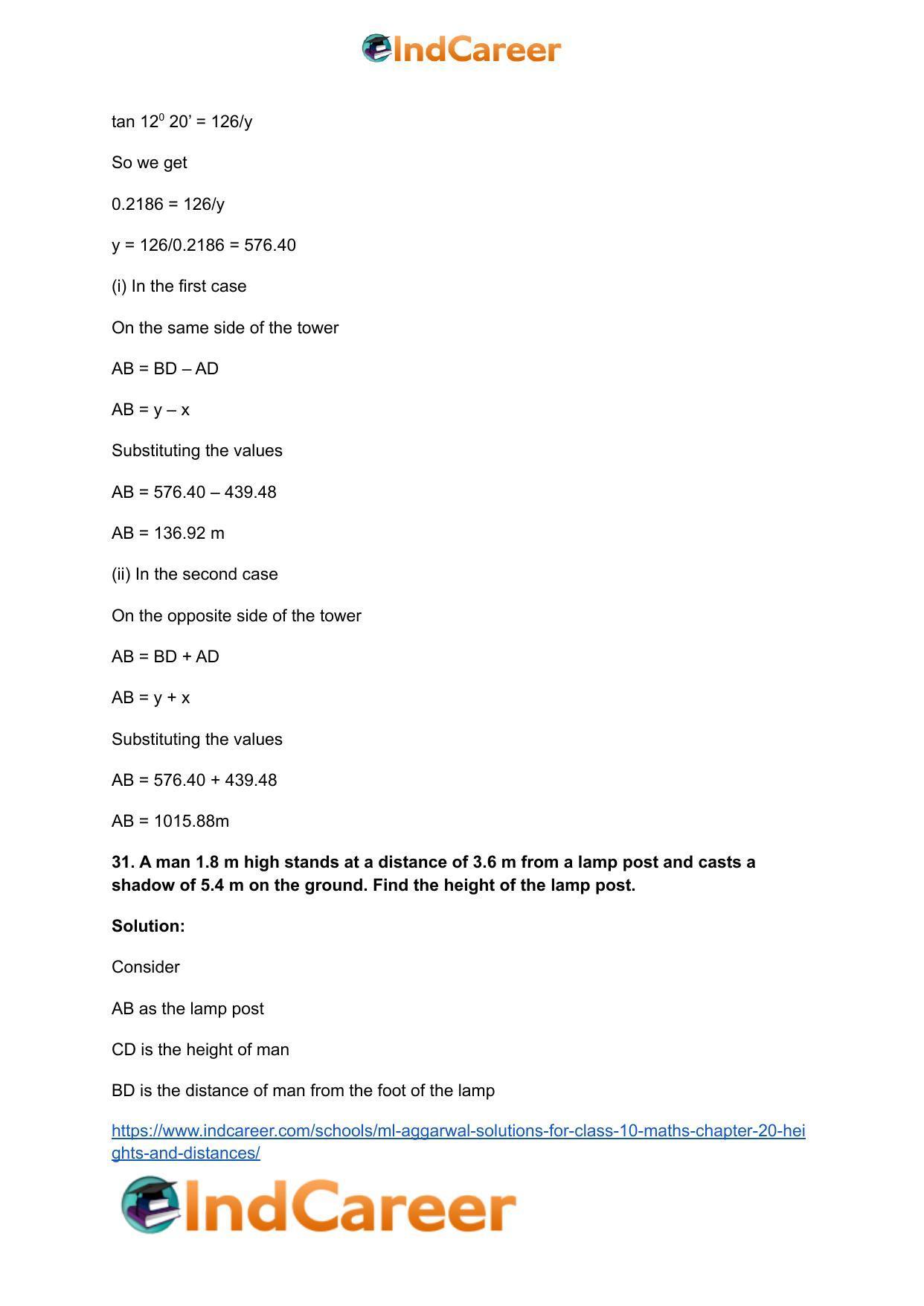 ML Aggarwal Solutions for Class 10 Maths Chapter 20- Heights and Distances - Page 43