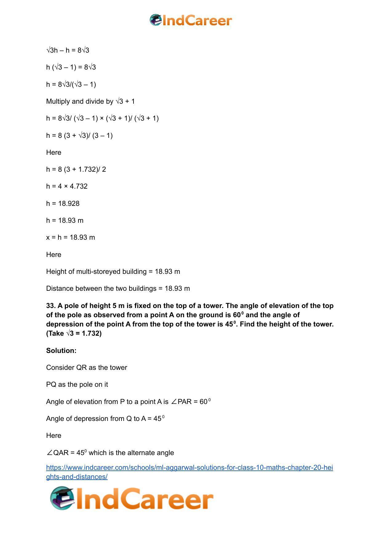 ML Aggarwal Solutions for Class 10 Maths Chapter 20- Heights and Distances - Page 47