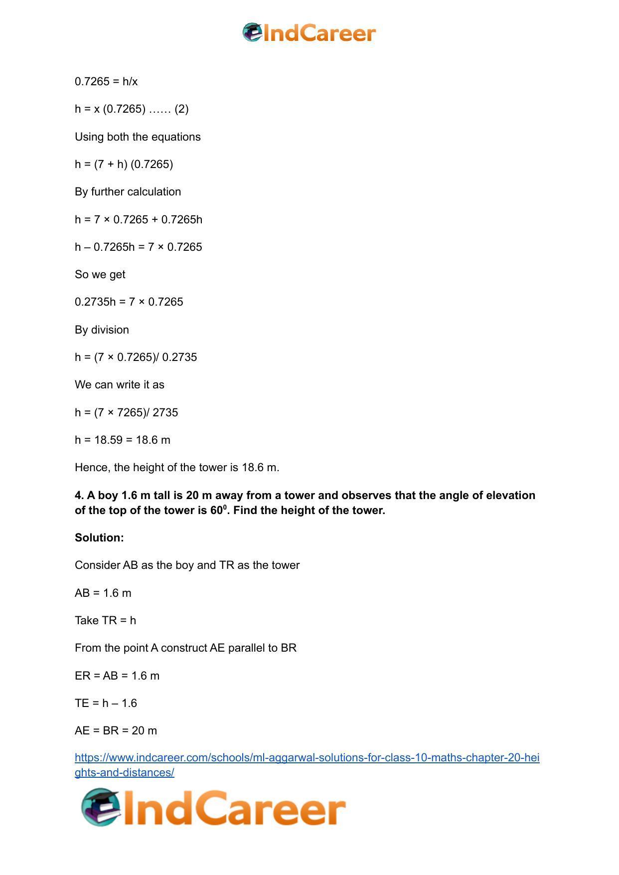 ML Aggarwal Solutions for Class 10 Maths Chapter 20- Heights and Distances - Page 62