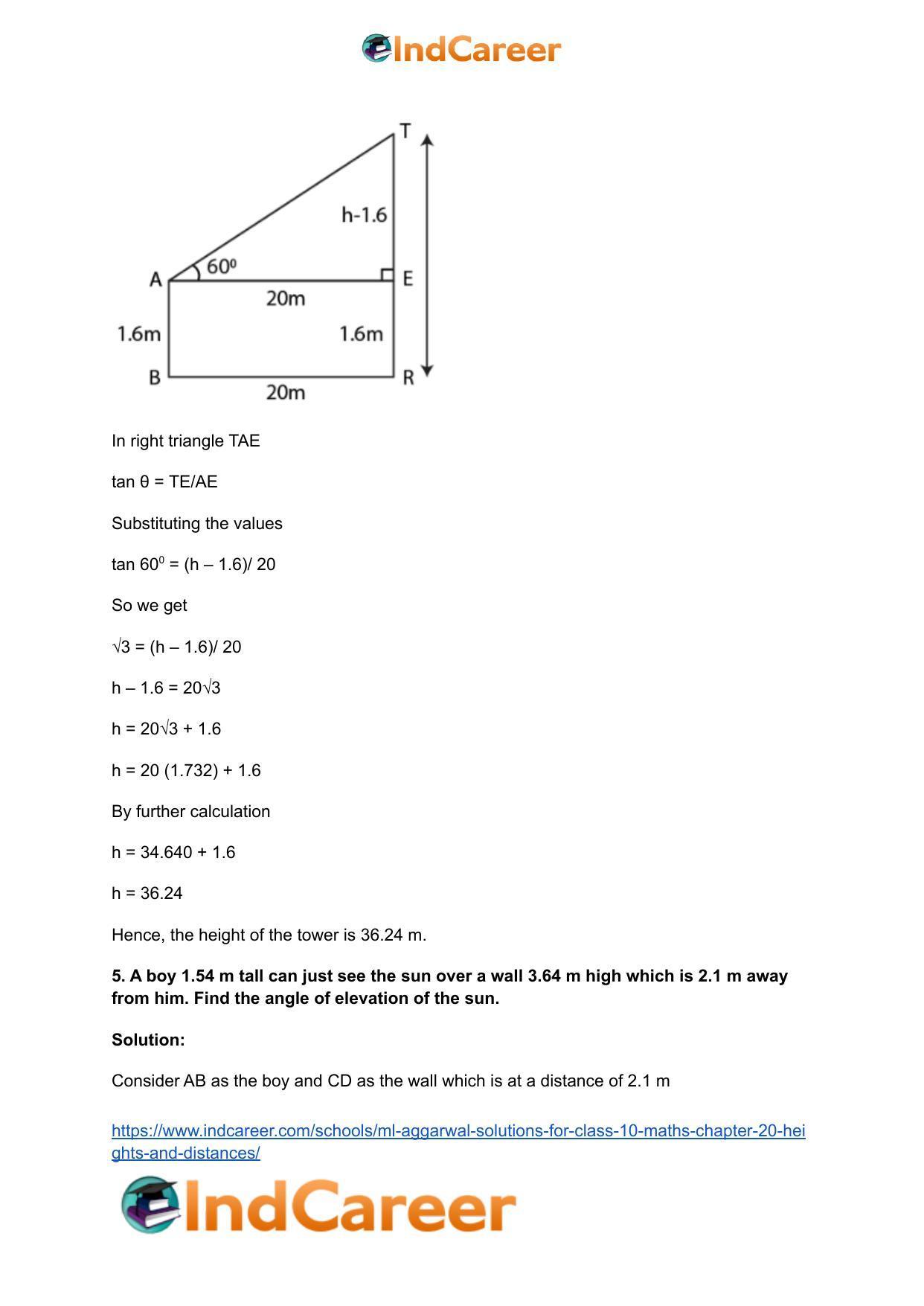 ML Aggarwal Solutions for Class 10 Maths Chapter 20- Heights and Distances - Page 63