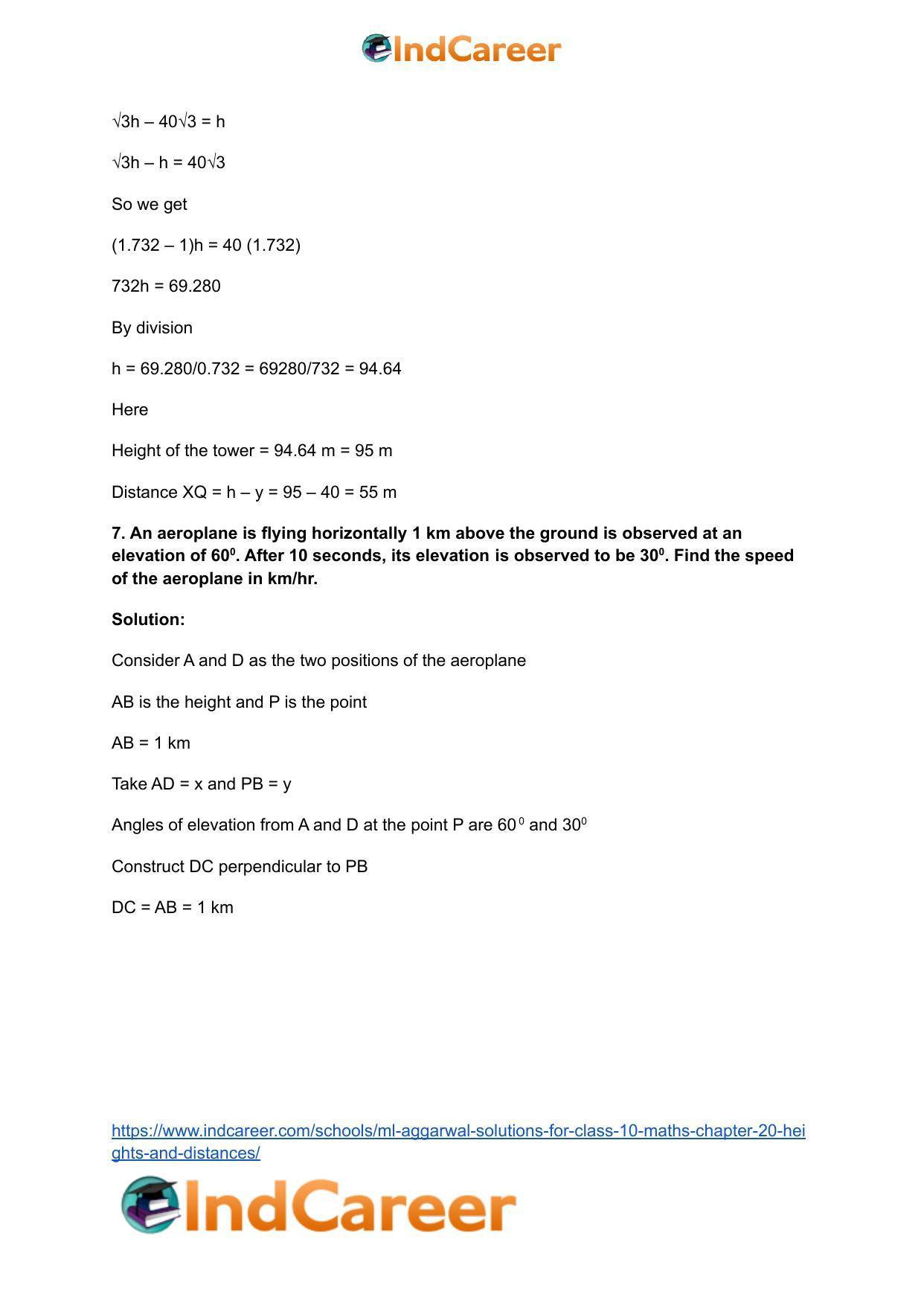 ML Aggarwal Solutions for Class 10 Maths Chapter 20- Heights and Distances - Page 67