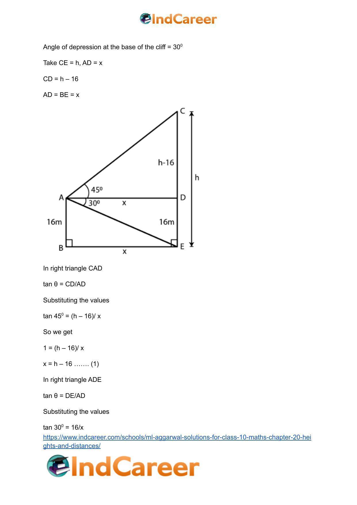 ML Aggarwal Solutions for Class 10 Maths Chapter 20- Heights and Distances - Page 70