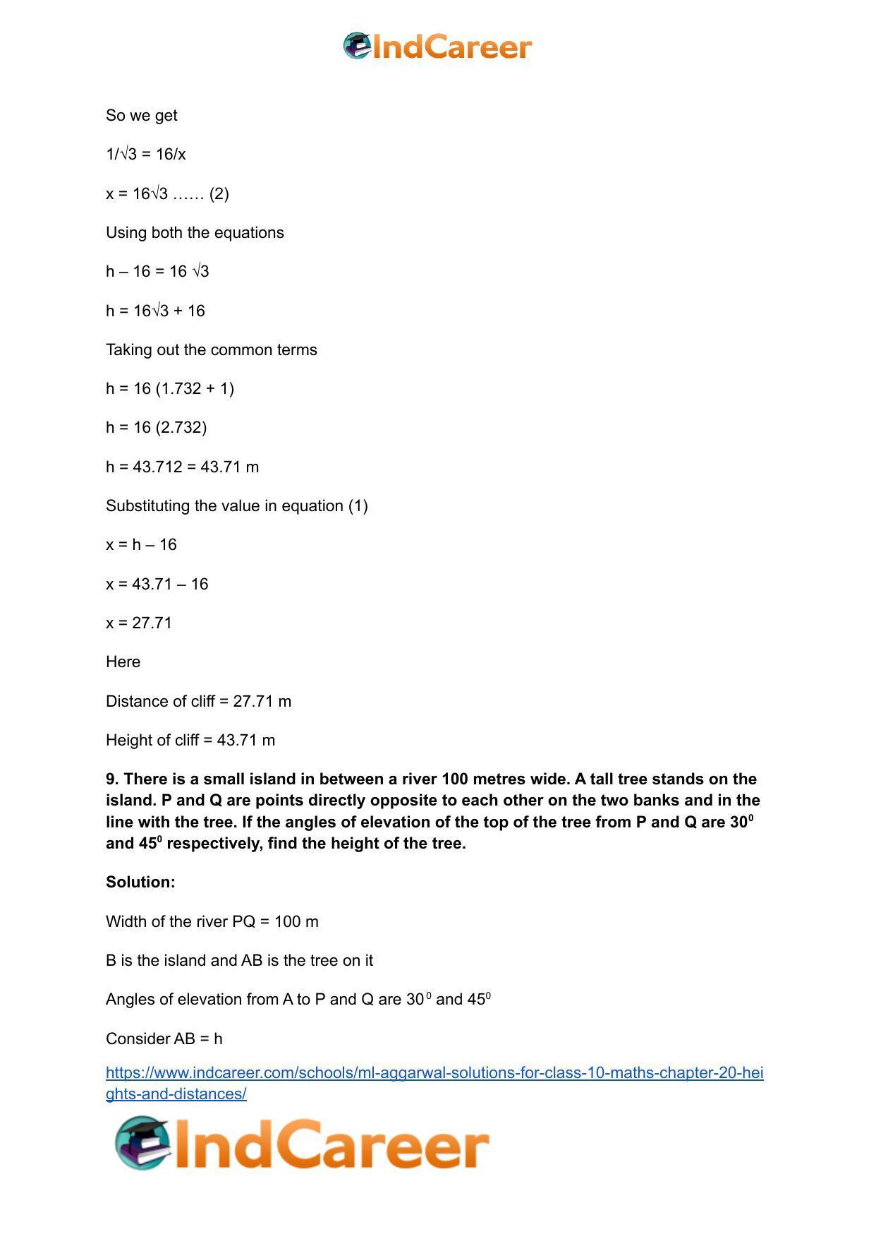 ML Aggarwal Solutions for Class 10 Maths Chapter 20- Heights and Distances - Page 71