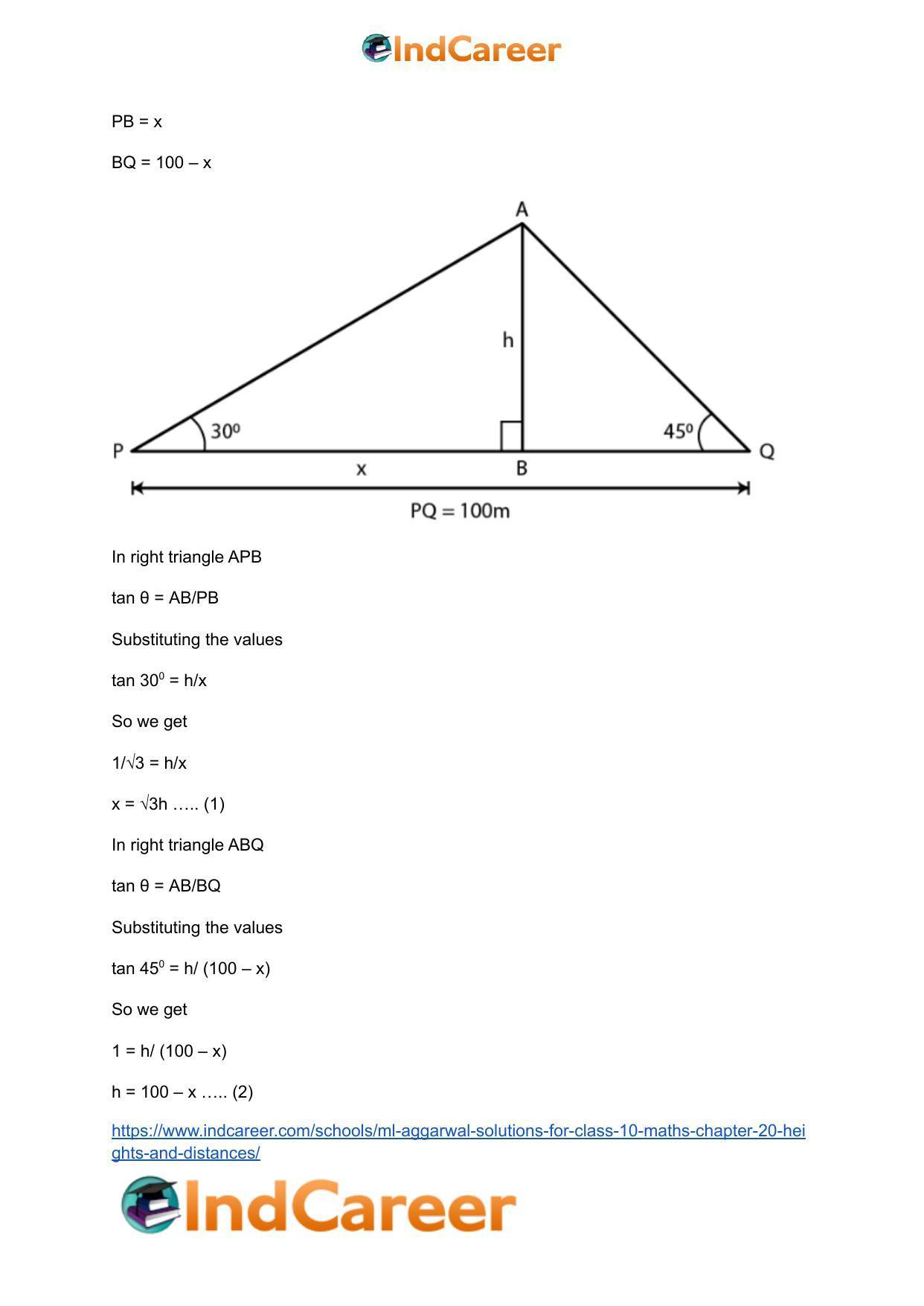 ML Aggarwal Solutions for Class 10 Maths Chapter 20- Heights and Distances - Page 72