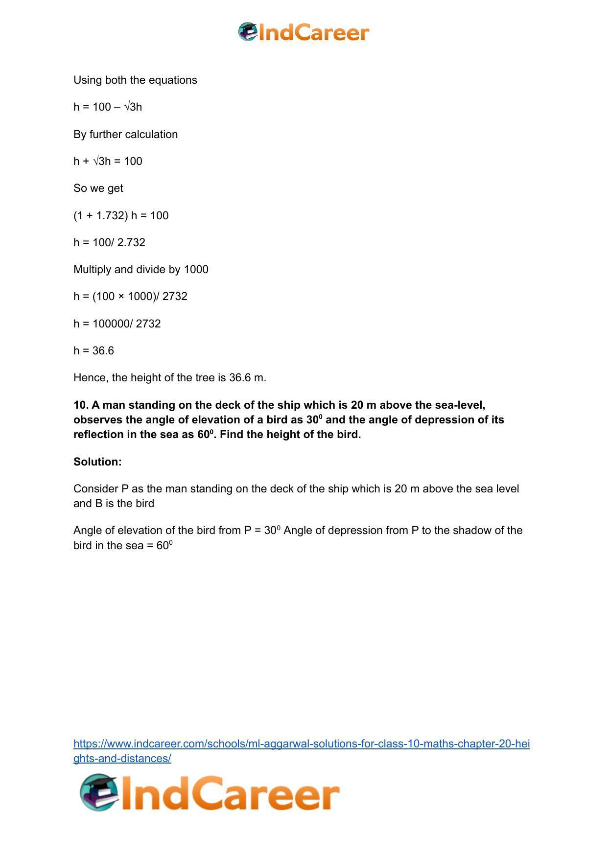 ML Aggarwal Solutions for Class 10 Maths Chapter 20- Heights and Distances - Page 73