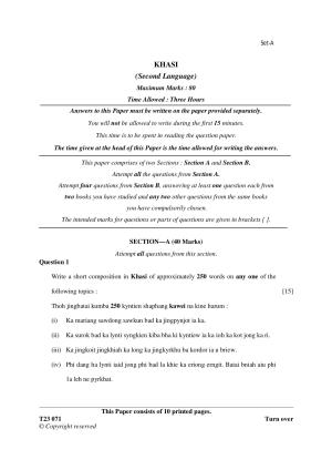 ICSE Class 10 KHASI 2023 Question Paper