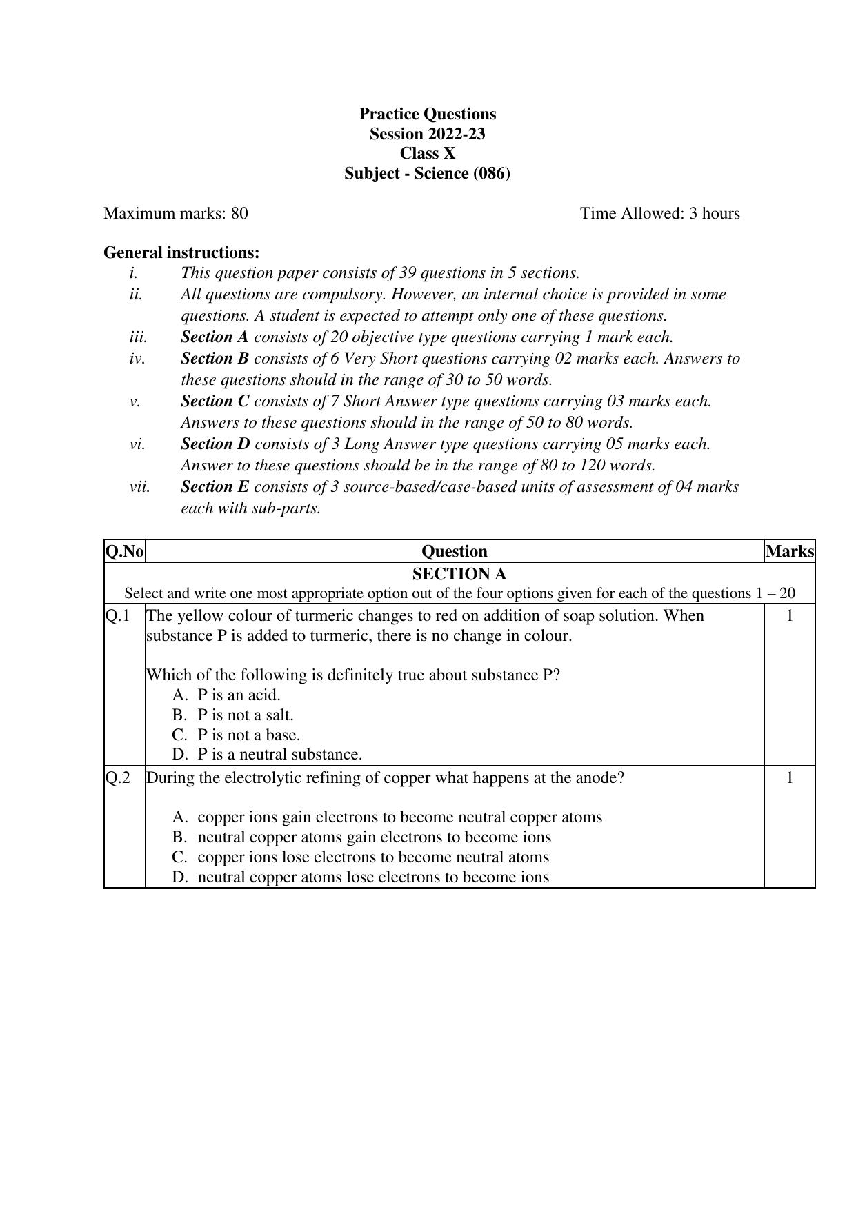 CBSE Class 10 Science Practice Questions 2022-23 - Page 1
