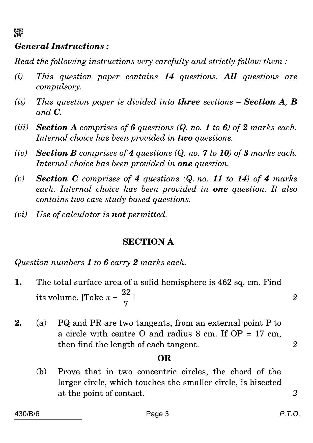 CBSE Class 10 430-B-6 Maths Basic Blind 2022 Compartment Question Paper - Page 3