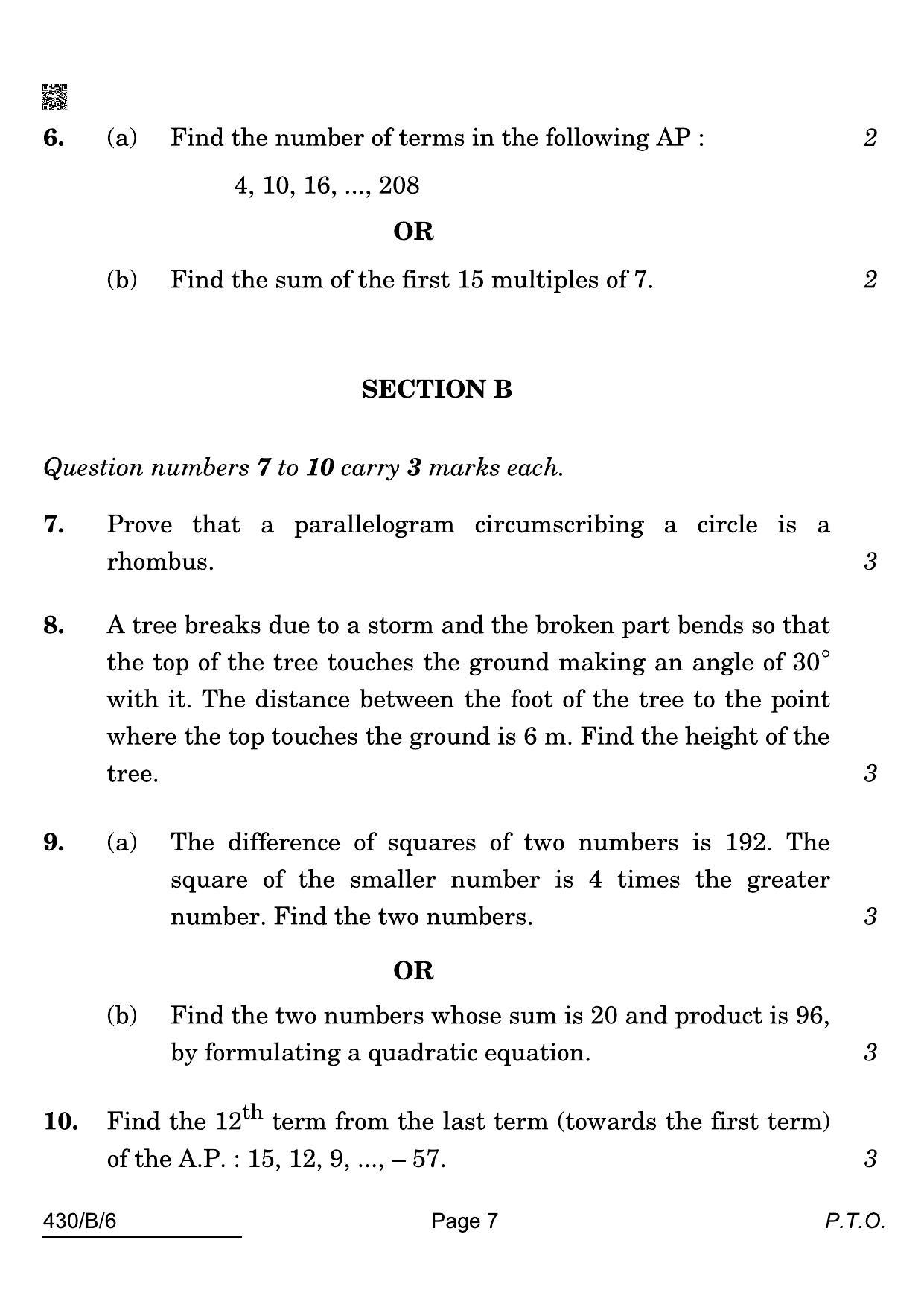 CBSE Class 10 430-B-6 Maths Basic Blind 2022 Compartment Question Paper - Page 7