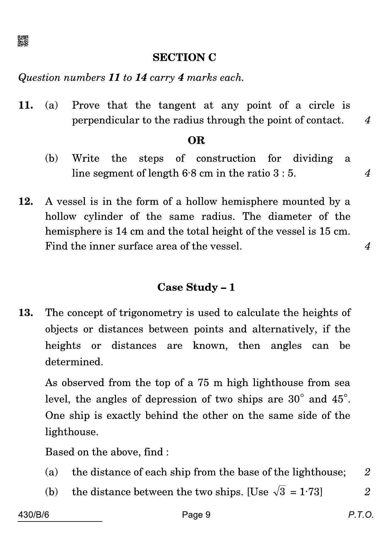 CBSE Class 10 430-B-6 Maths Basic Blind 2022 Compartment Question Paper - Page 9